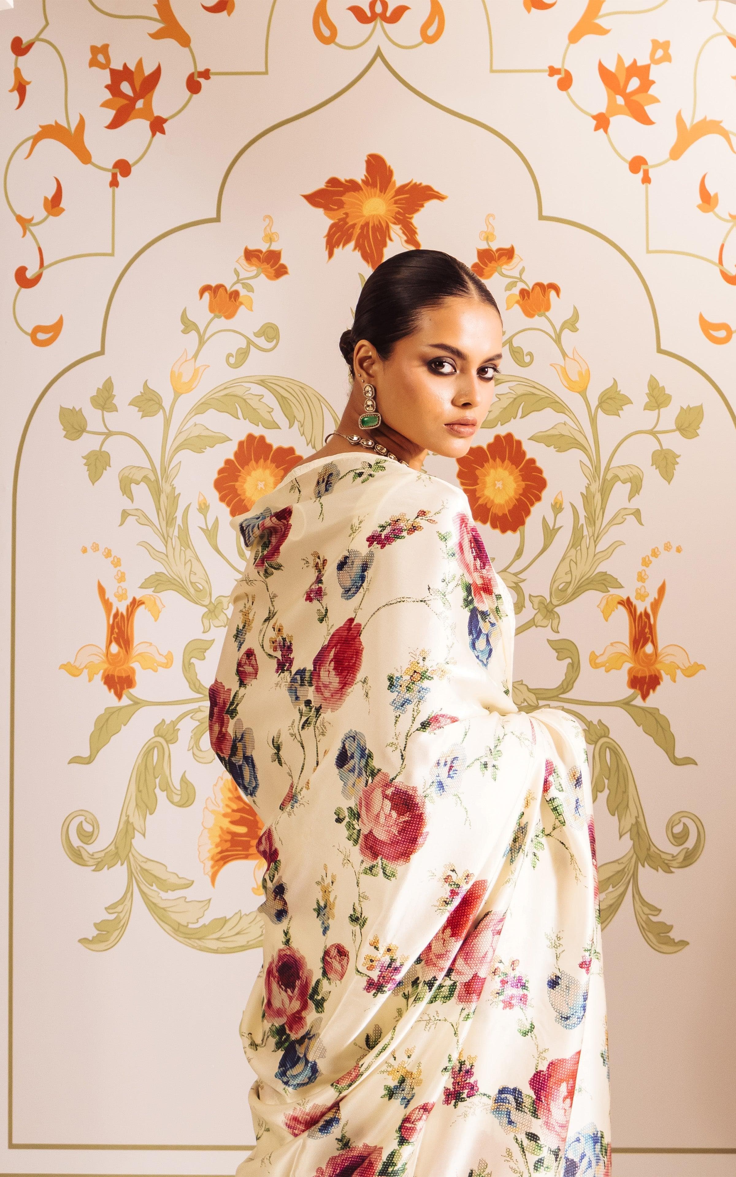 New Premium Japan Satin Digital Printed Designer Off White Saree With Unstiched Blouse