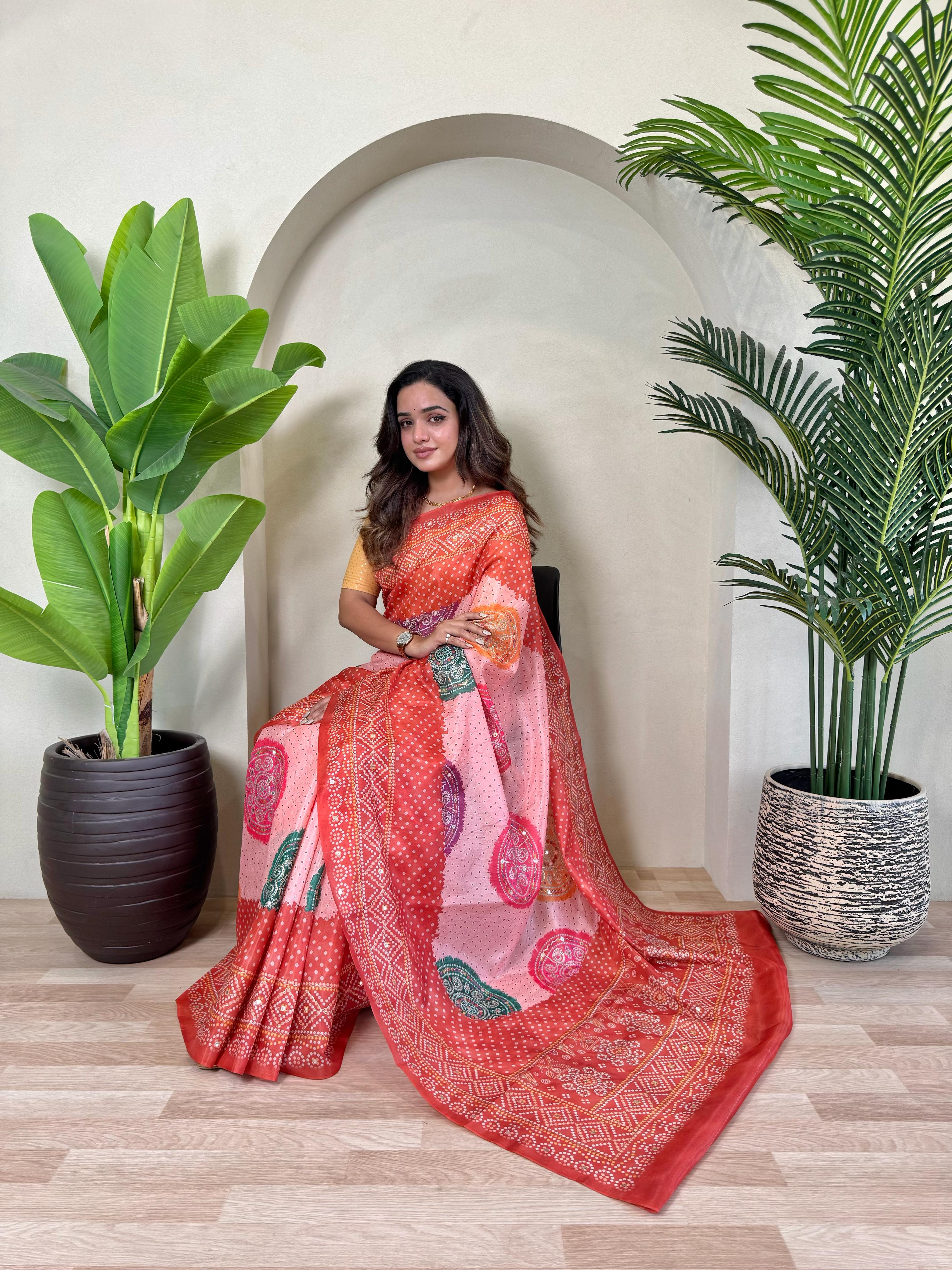 New Designer Tissue Silk Weaving Orange Pink Shade Saree With Contras Printed Embroidery Work Unstiched Blouse Piece