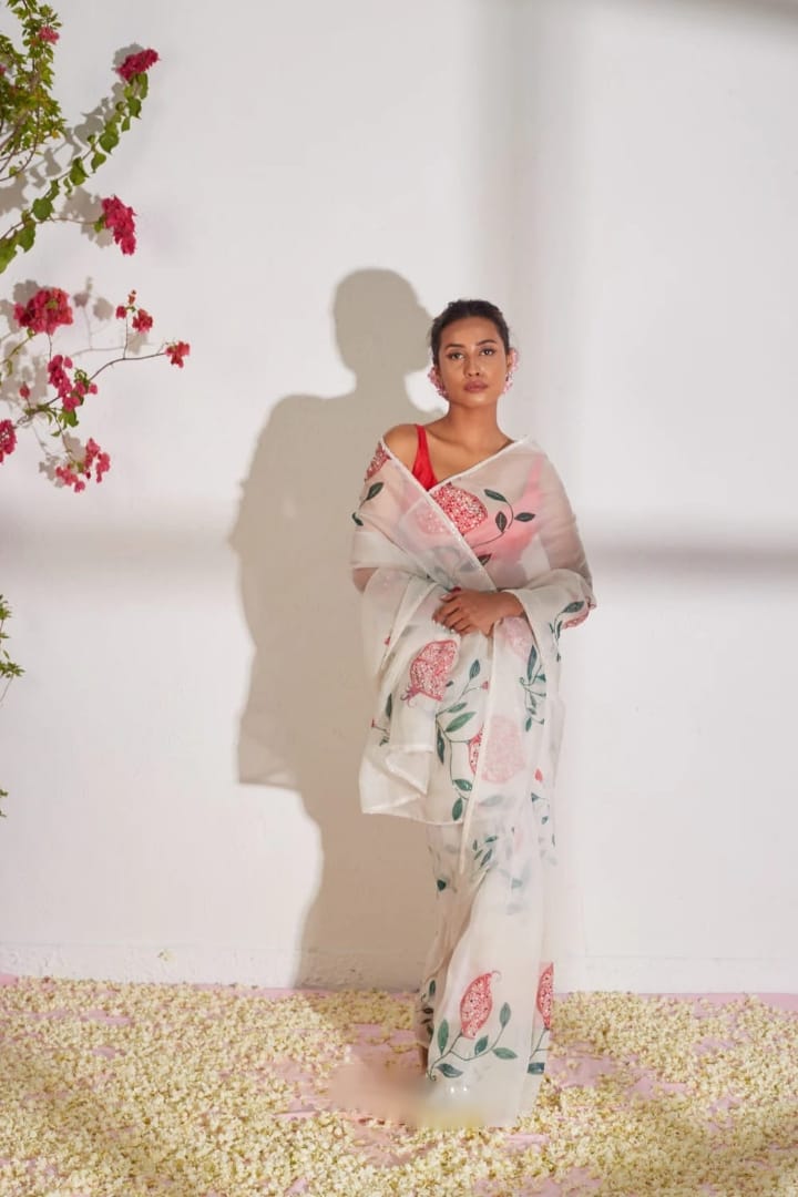 New One Minute Ready To Wear Soft Organza Silk Saree with Beautiful Hand Worked Moti  And Val Work With Same Handworked Stiched Blouse