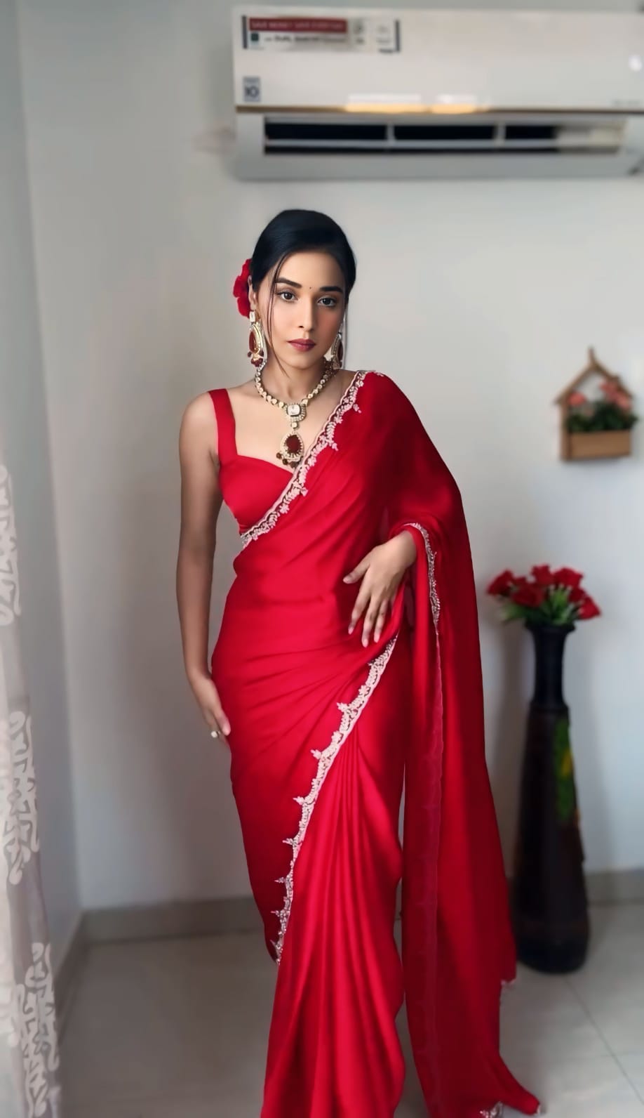 One Minute Ready To Wear Blazing Beauty The Art of the Red Saree with Stitch Blouse