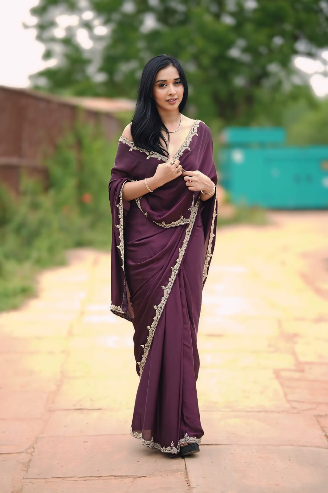 One Minute Ready To Wear Mystical Grape Enchanted Purple Saree with Stitch Blouse