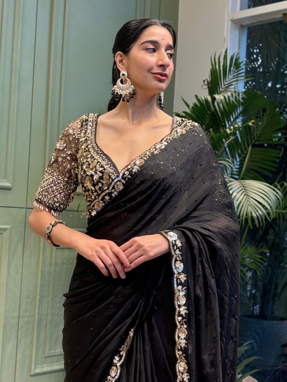 New Designer Soft Rangoli Silk Black Saree With Beautiful Embroidery Work Lace Border along With Sequines Embroider Worked Unstiched Blouse Piece