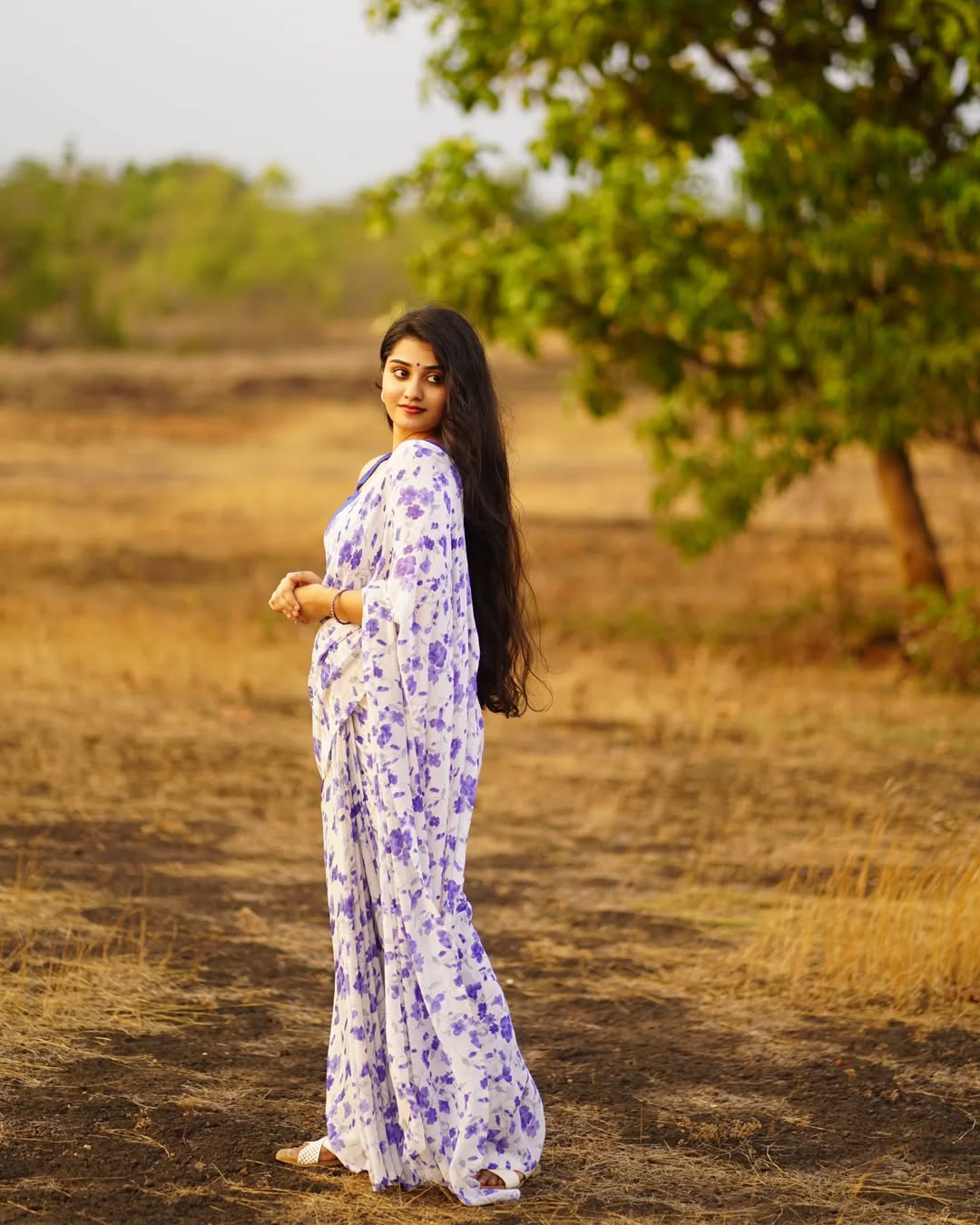 New One Minute Ready To Wear Purple Colour Flowers Design  Pure Soft Georgette Saree With Purple Unstitched Blouse