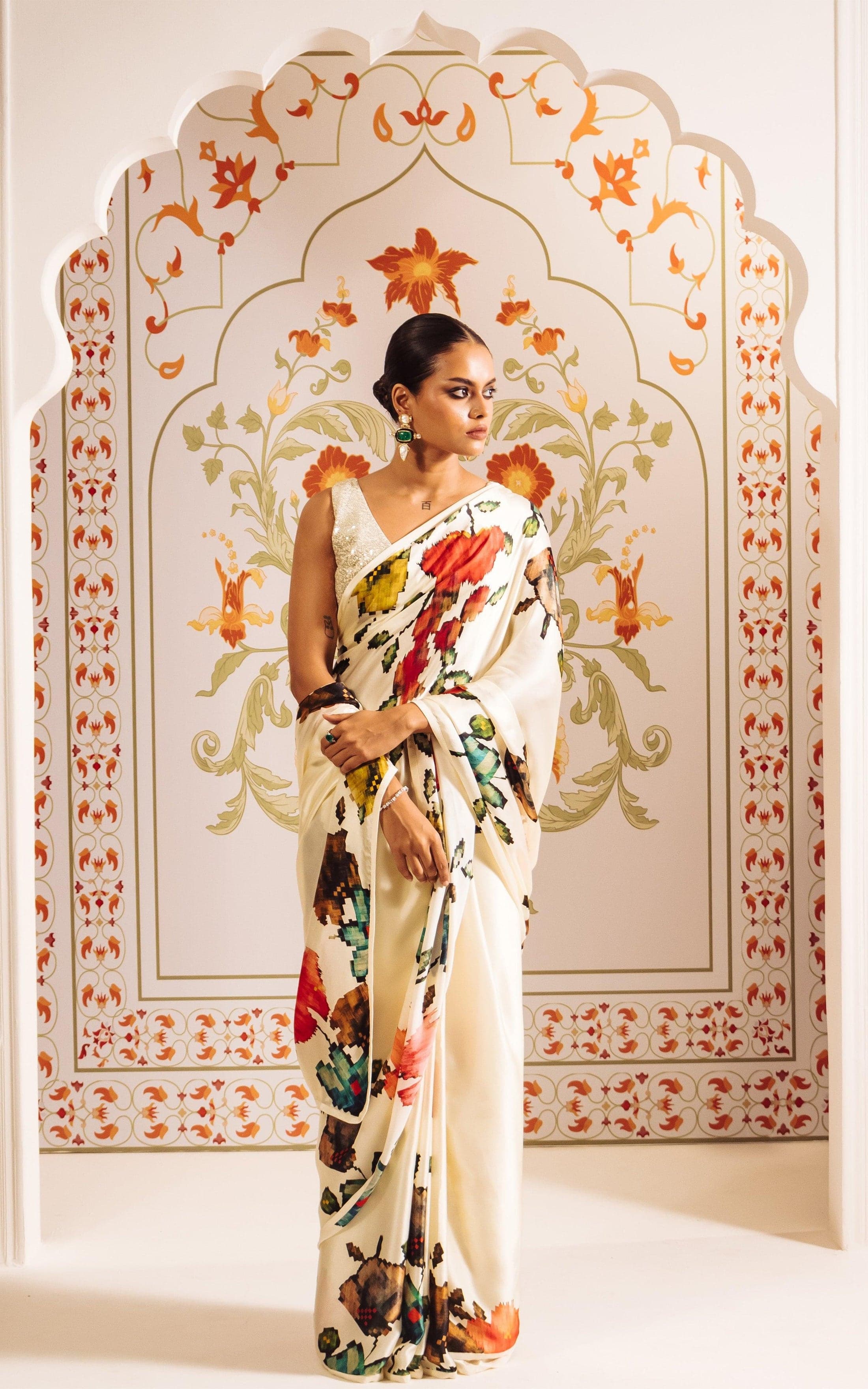 New Premium Japan Satin Designer Off White Saree With Unstiched Blouse