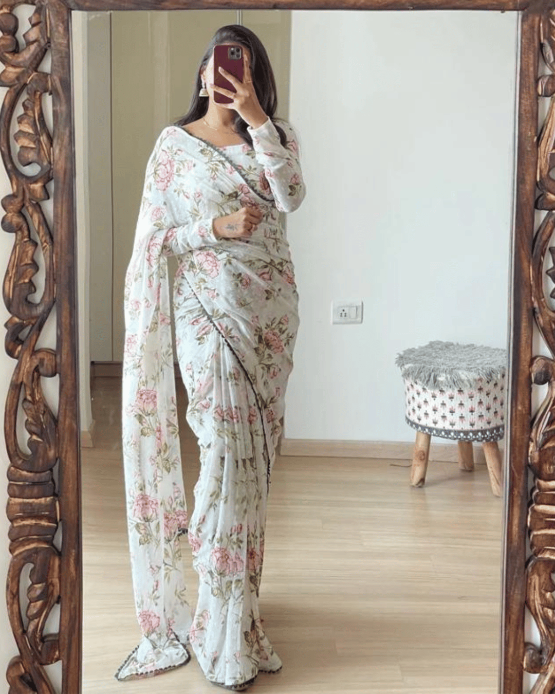 One Minute Ready To Wear White Flower Saree