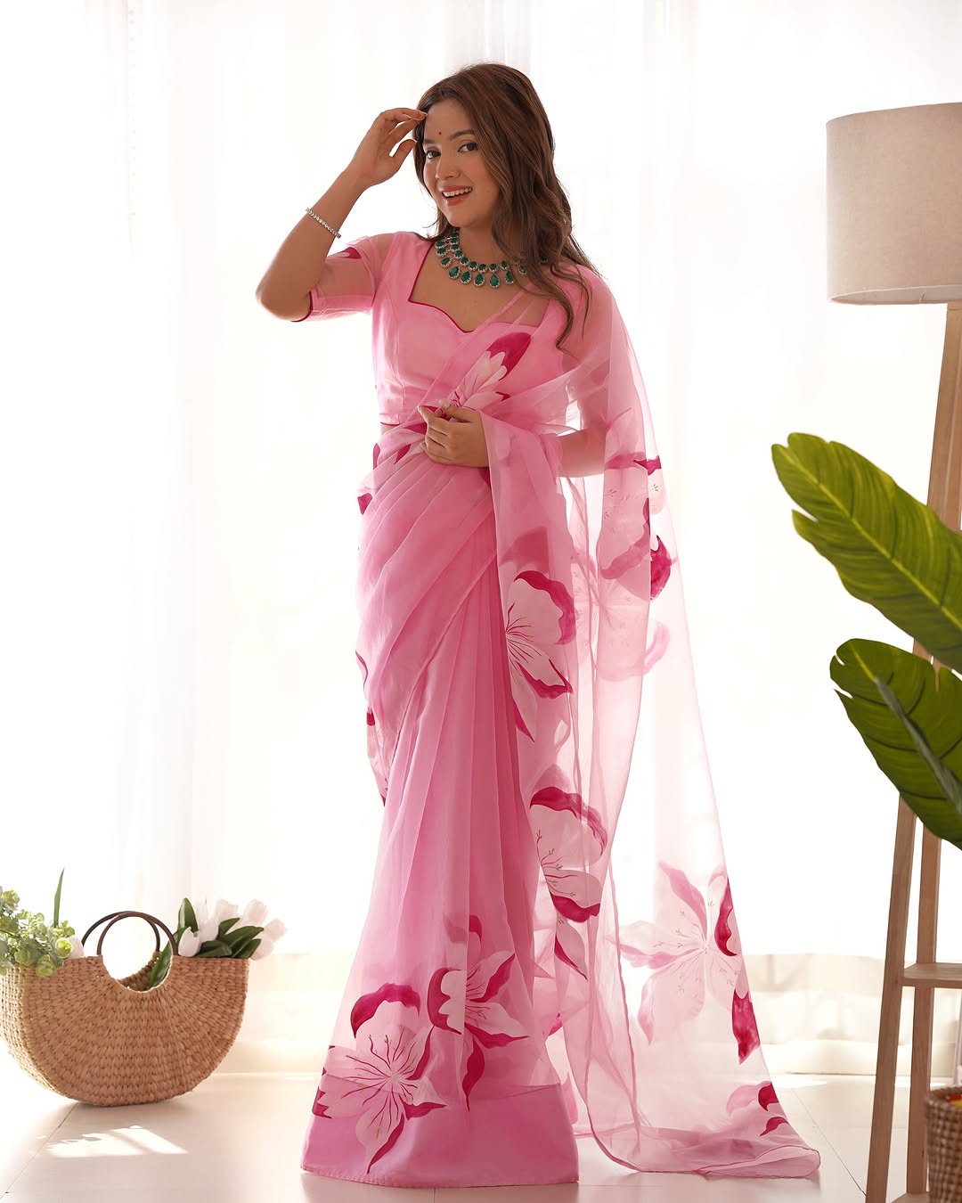 New One Minute Ready To Wear Pure Soft Organza Silk Saree With Flower Print With Same Design Running Blouse Piece