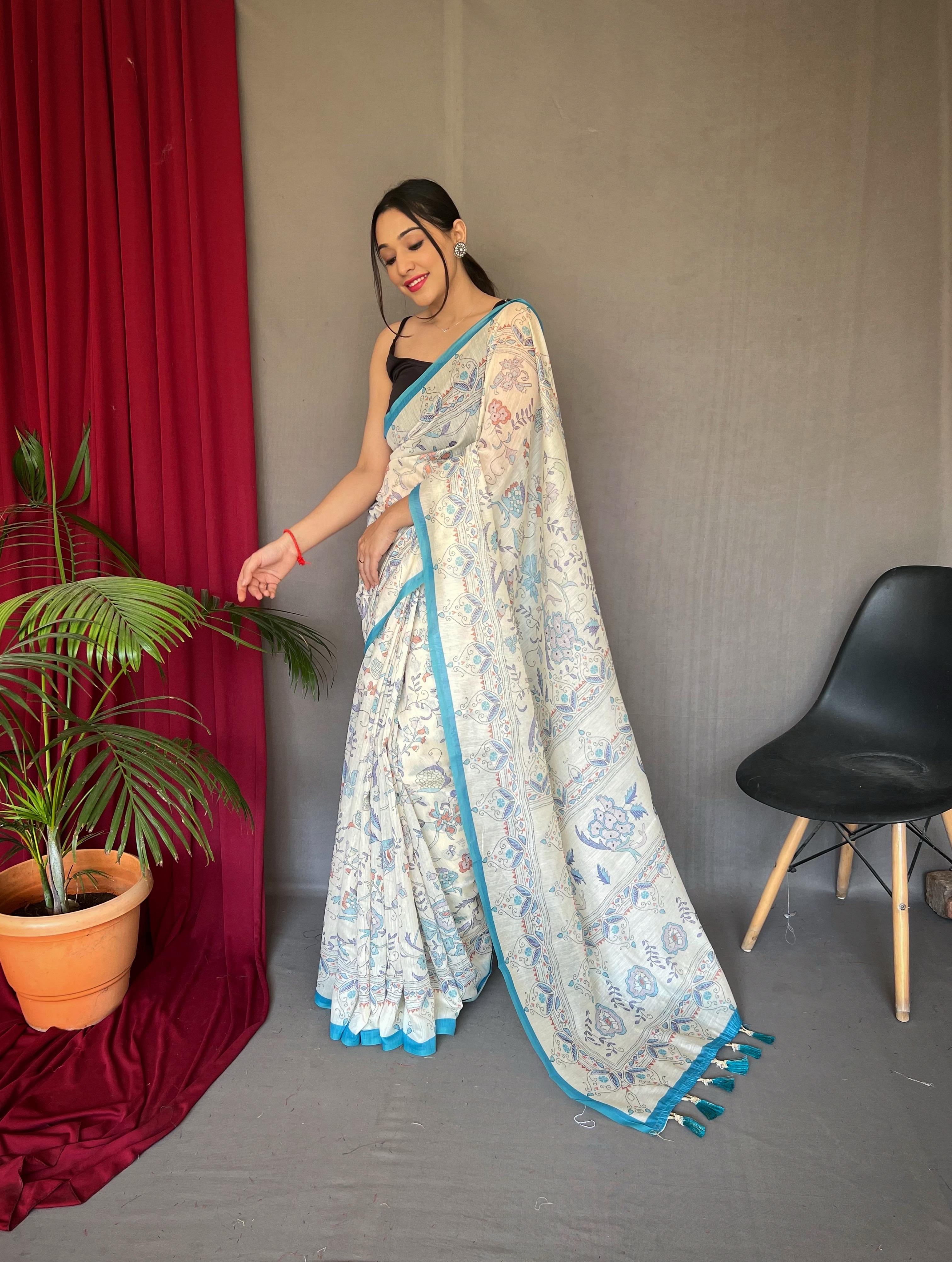 New Designer Pure Soft Malai Cotton Katha Printed Saree With Contrast Border And Printed Unstiched Blouse Piece - Sky Blue