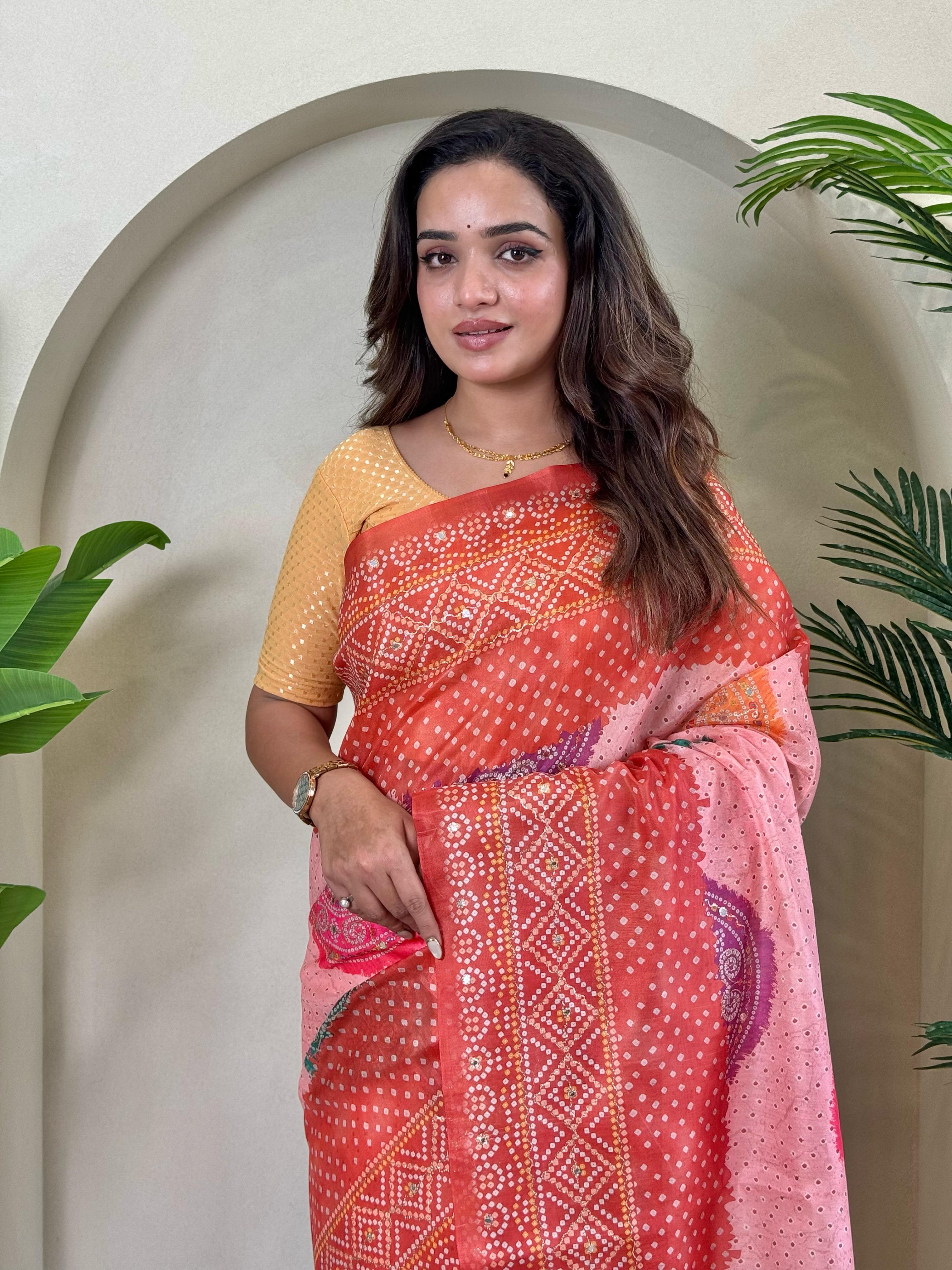 New Designer Tissue Silk Weaving Orange Pink Shade Saree With Contras Printed Embroidery Work Unstiched Blouse Piece