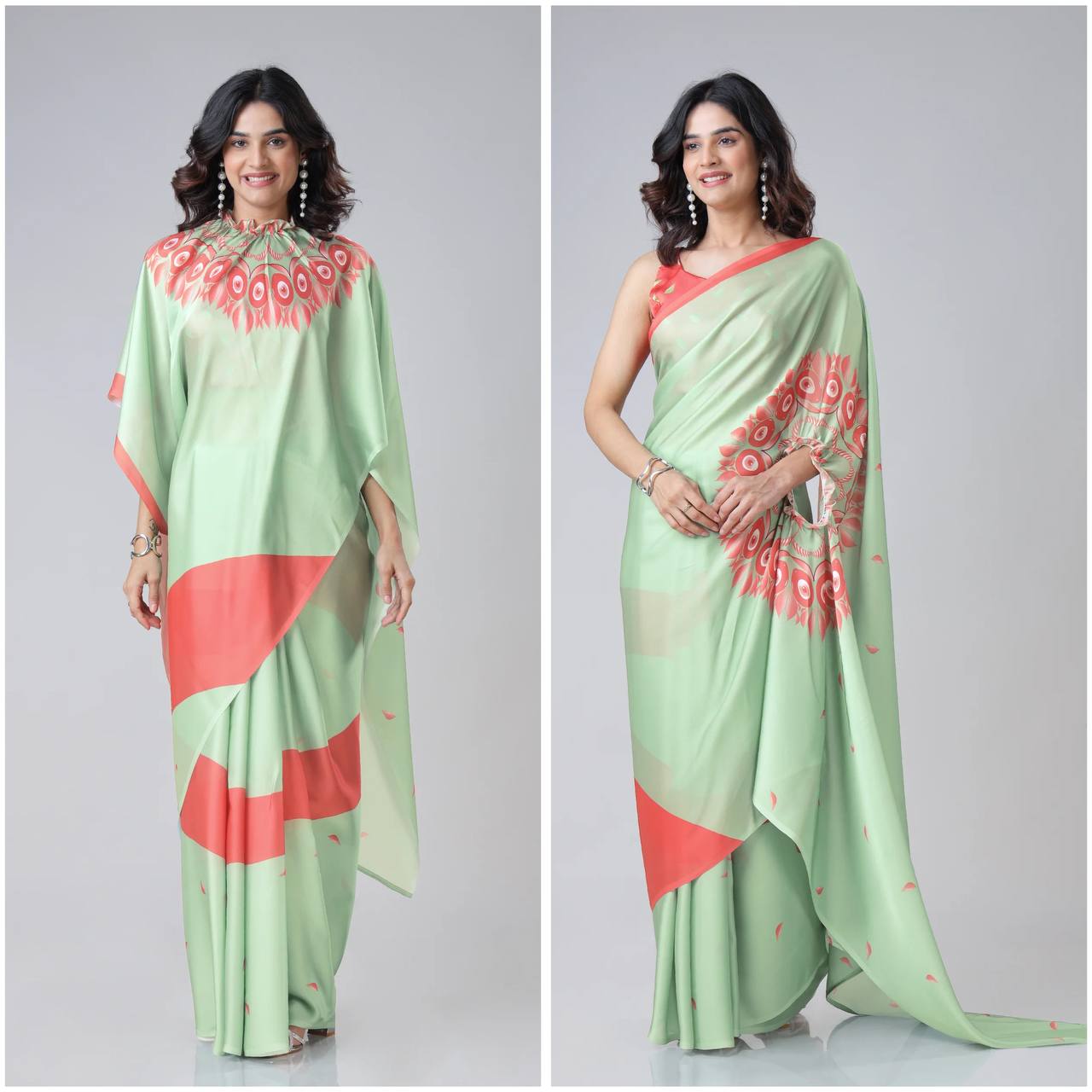 New One Minute Ready To Wear  Heavy Crepe Silk  Free Hand Saree With Orange Digital Print With Running Crepe Silk Unstiched Blouse Piece - Pastel Green