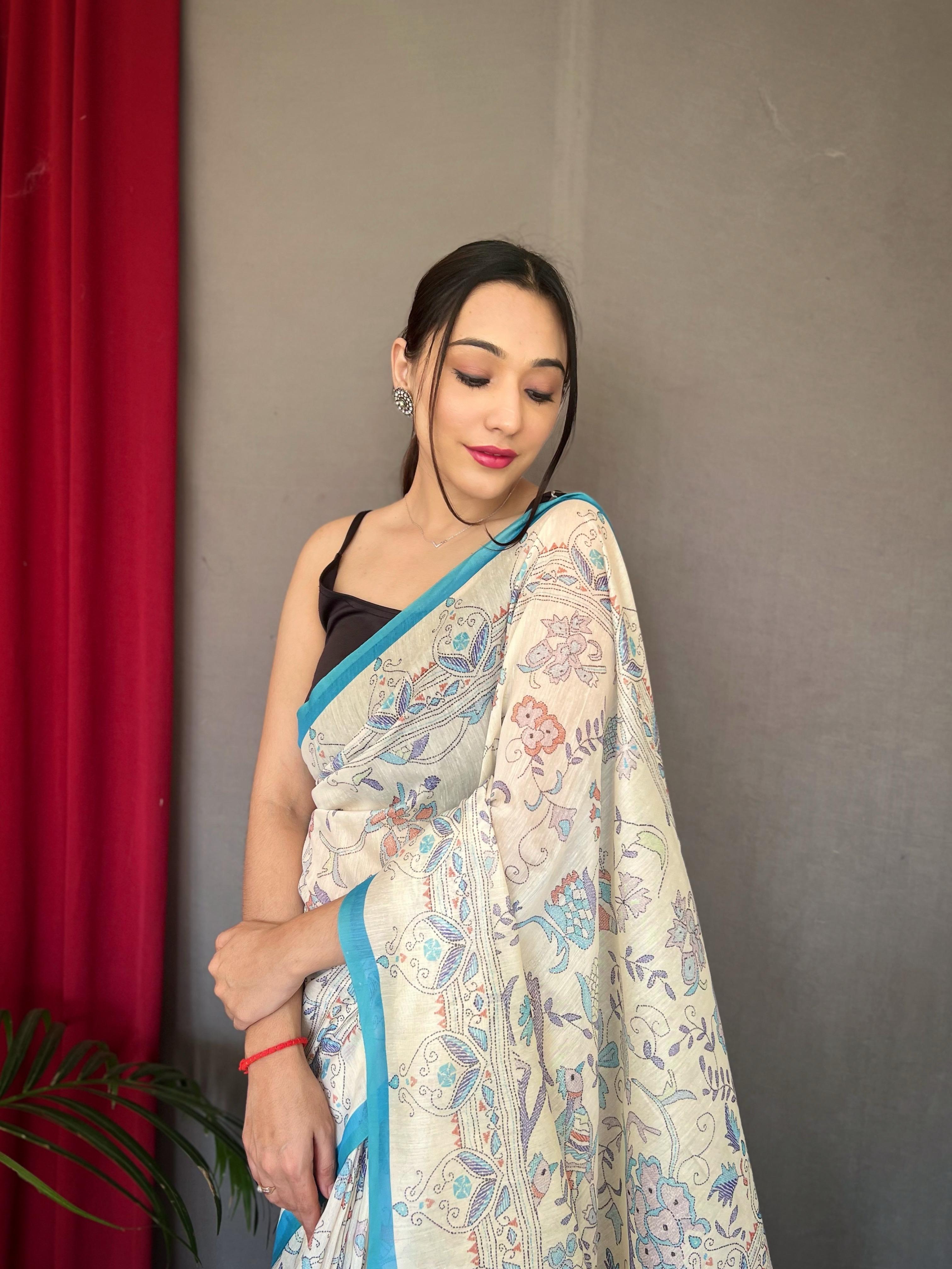 New Designer Pure Soft Malai Cotton Katha Printed Saree With Contrast Border And Printed Unstiched Blouse Piece - Sky Blue
