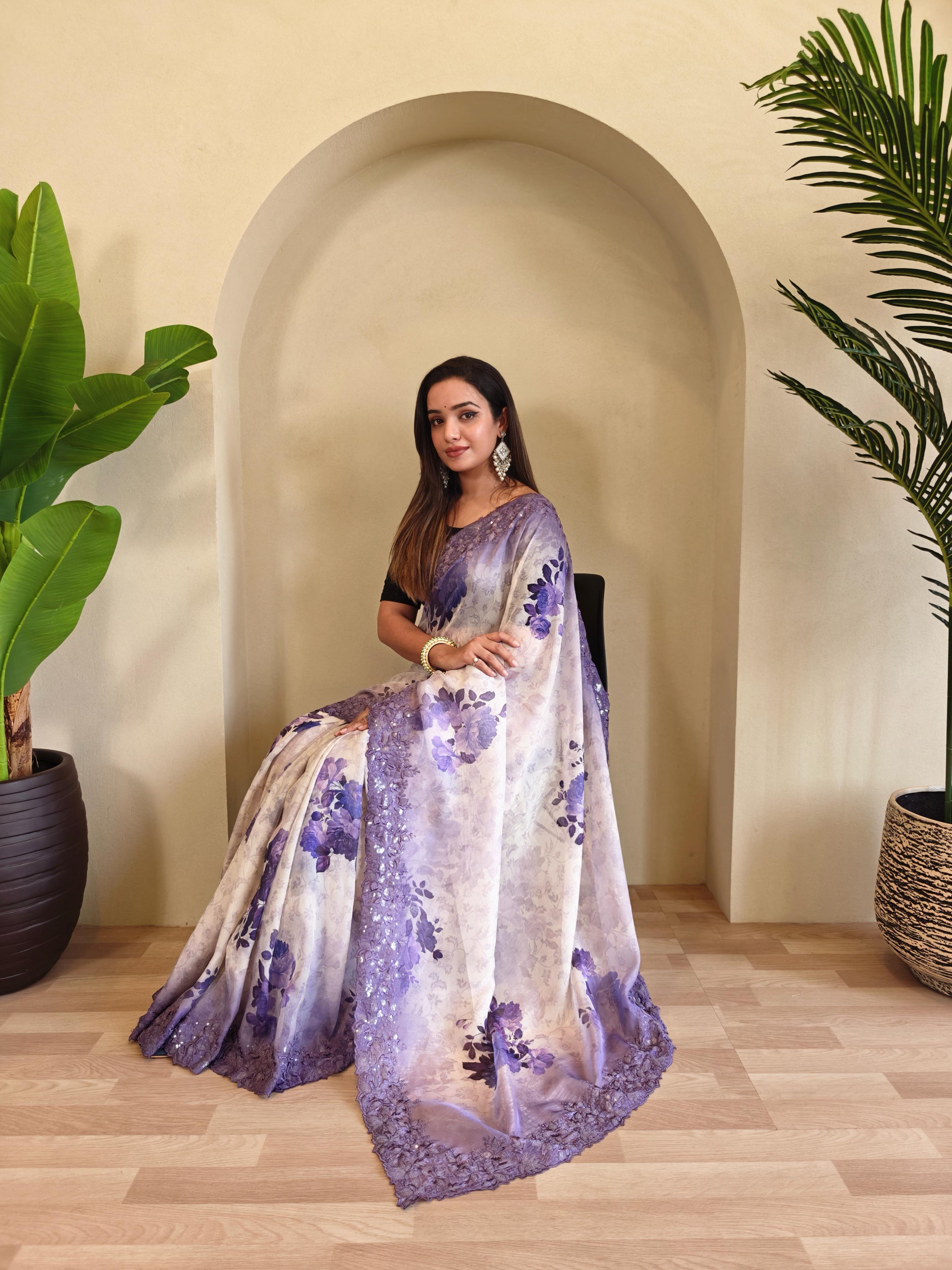New Designer Hand Crafted Magicgold  Digital Print And Viscose - Sequins Embroideried  Organza Saree With Negative Printed Unstiched Blouse piece - Purple
