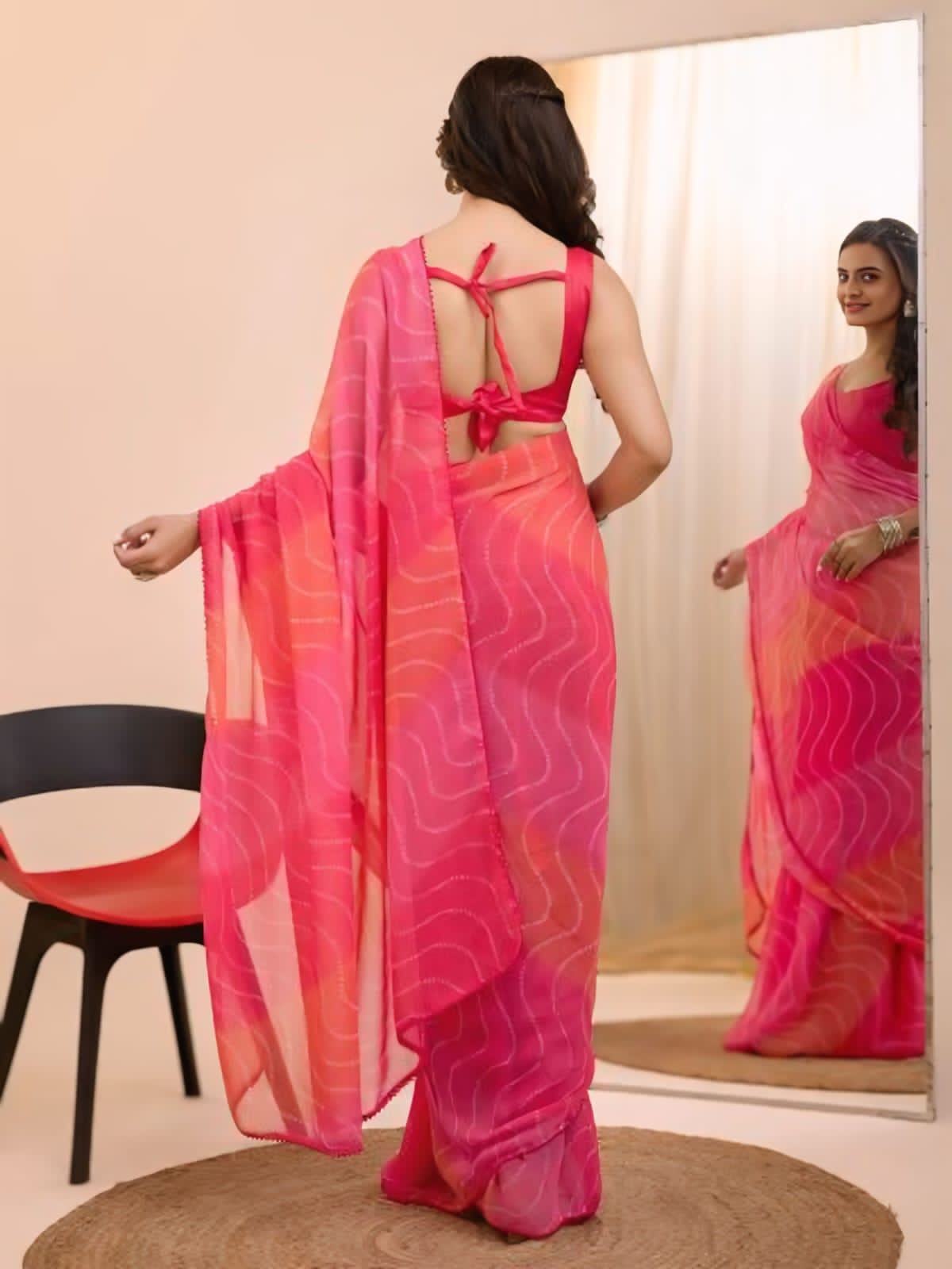 New One Minute Ready To Wear Pink - Orange Colour Laheriya Bandhani Design Pure Soft Georgette Saree With Pink Unstitched Blouse