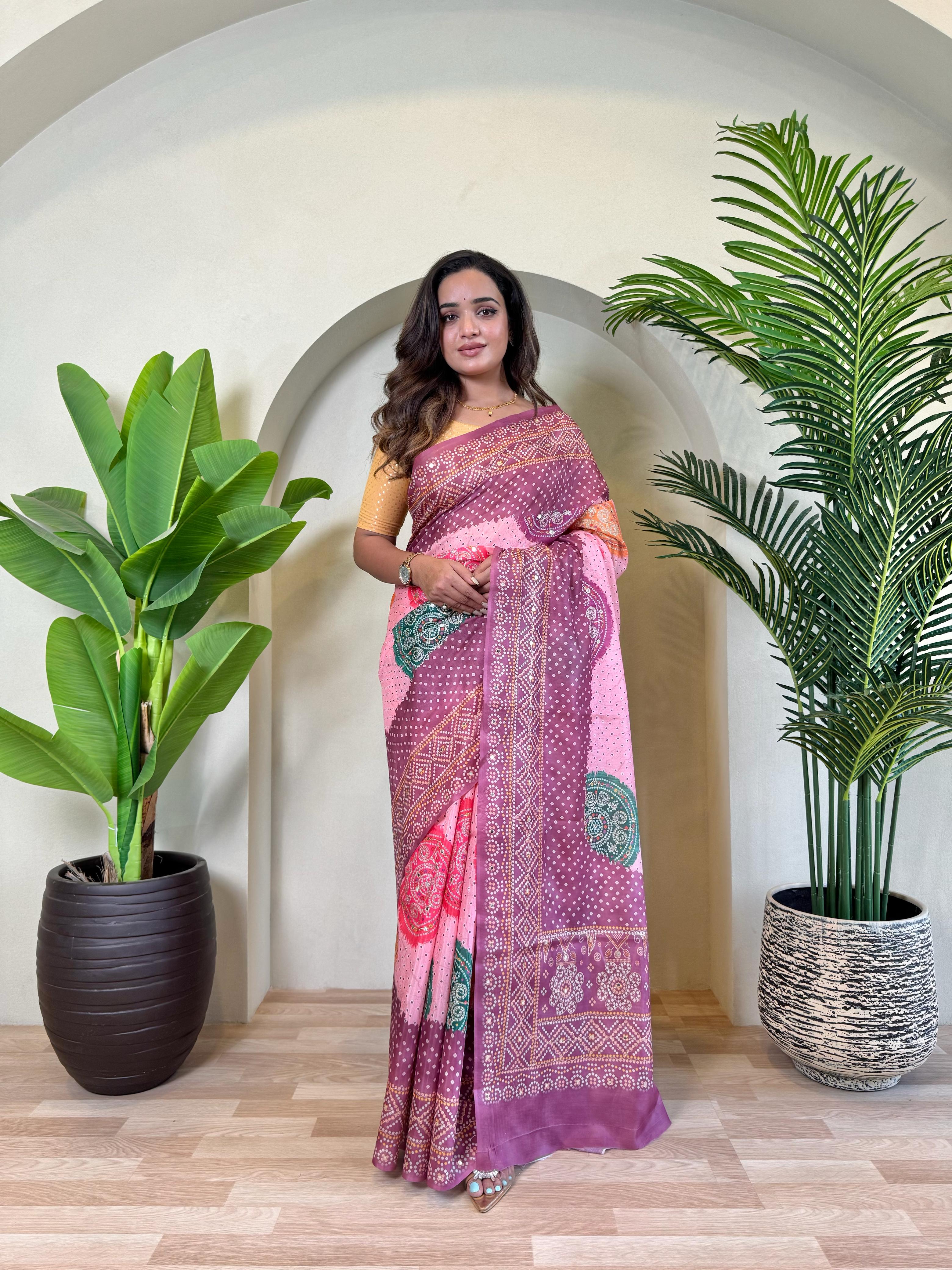 New Designer Tissue Silk Weaving Pink-Purple Shade Saree With Contras Printed Embroidery Work Unstiched Blouse Piece