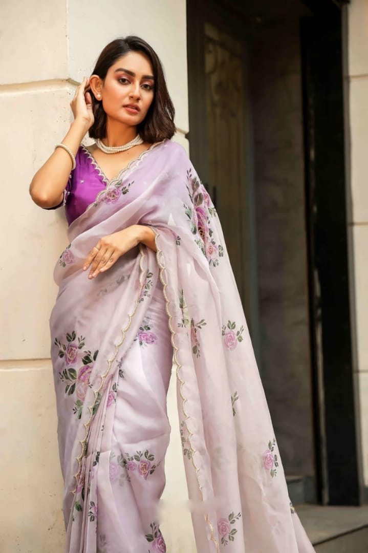 One Minute Ready To Wear Pure Soft Organza Silk Pastel Purple Saree With Moti and Val Work With Same Handworked Stiched Blouse
