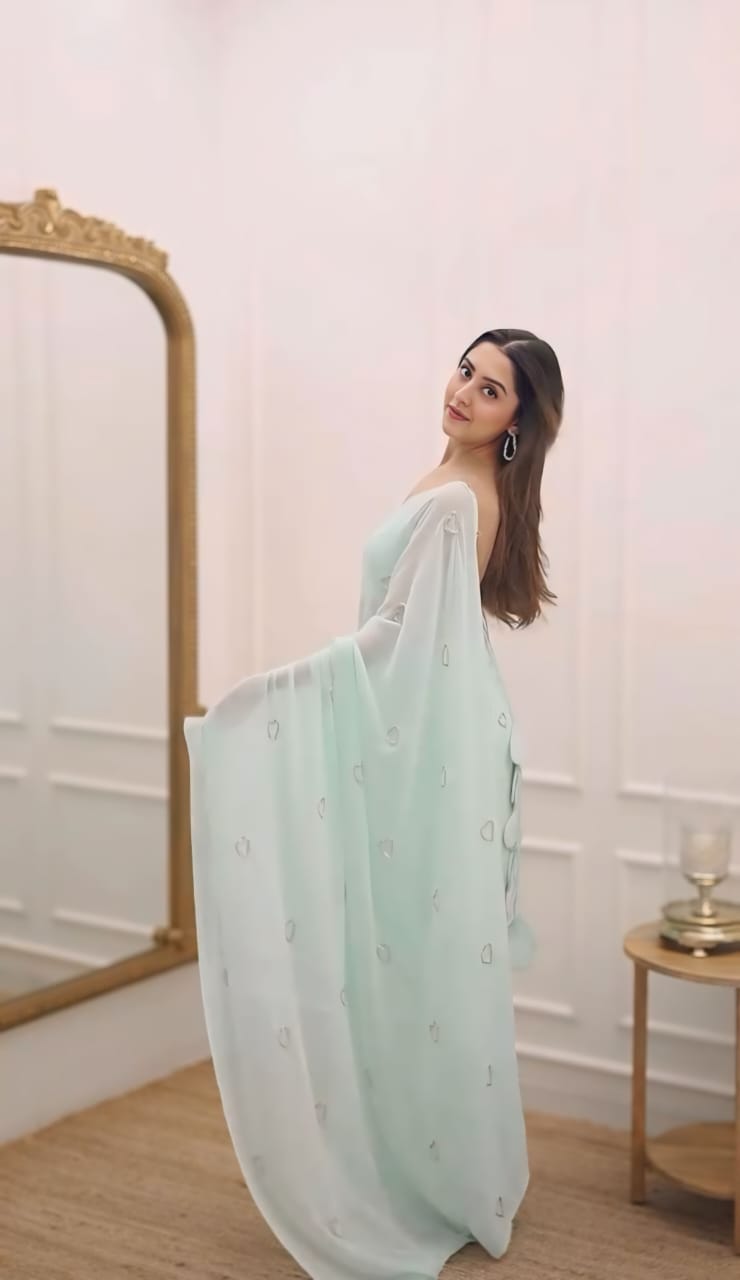 New One Minute Ready To Wear Pure Sky Blue Colour Georgette Silk Saree With Beautiful Hand Work Heart Design With Same Model Full Stiched Blouse