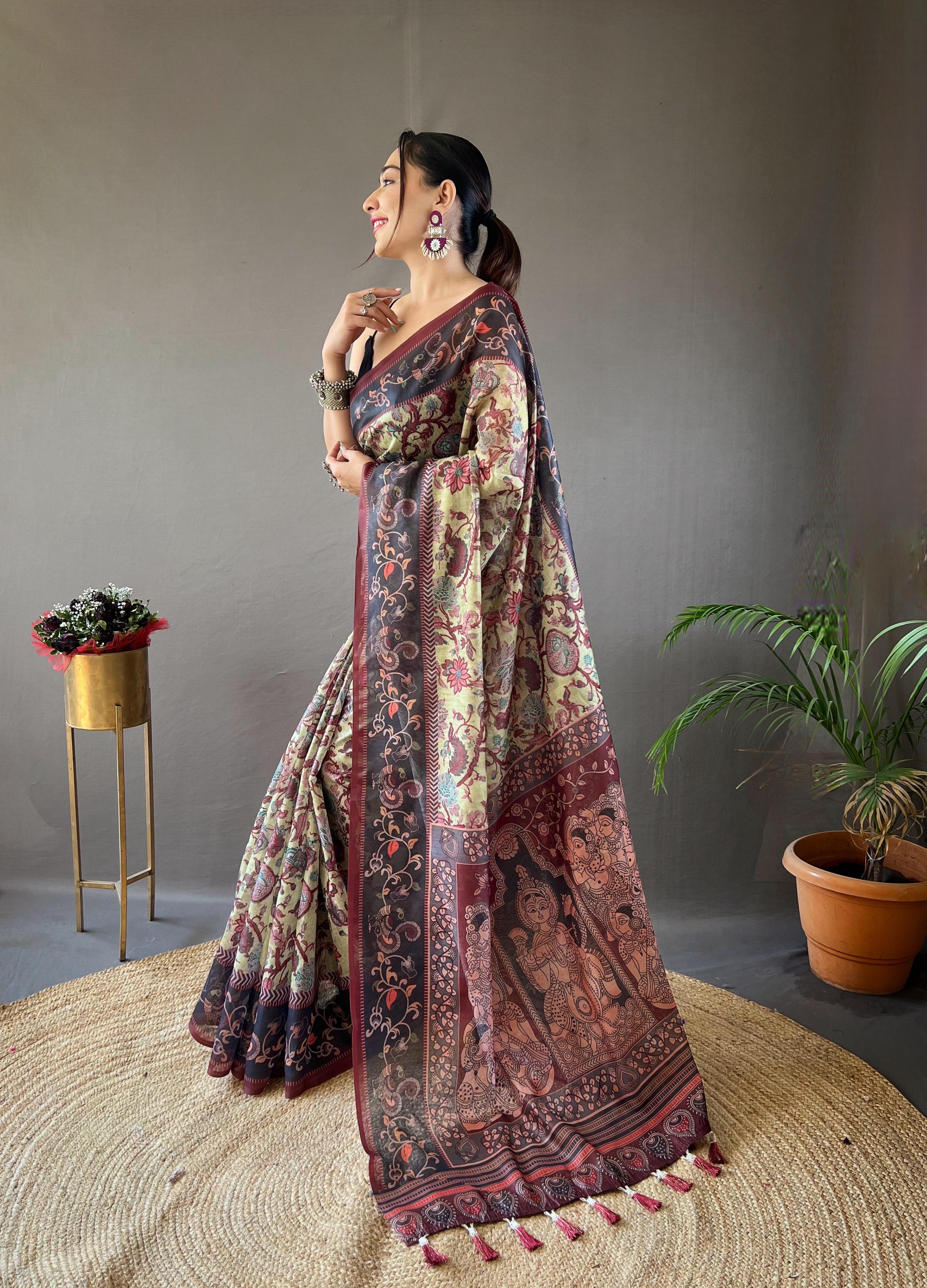 New Designer Soft Cotton Saree With Hand Picked Kalamkari Prints With Contrast Unstiched Blouse Piece - Pastel Green