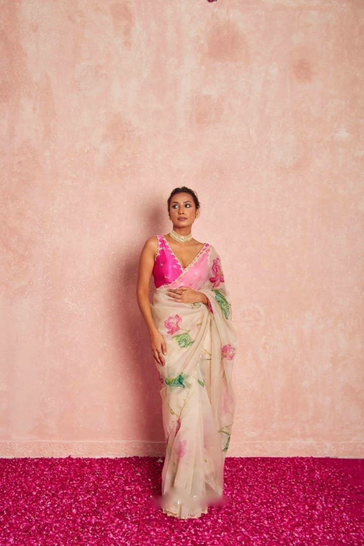 One Minute Ready To Wear Pure Soft Organza Silk Saree With Moti and Val Work With Same Handworked Stiched Blouse