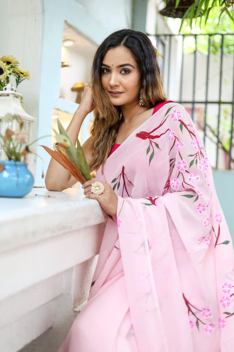 New One Minute Ready To Wear Pink Colour Pure Soft Georgette Multi Colour Flowered Design Saree With Pink Unstitched Blouse