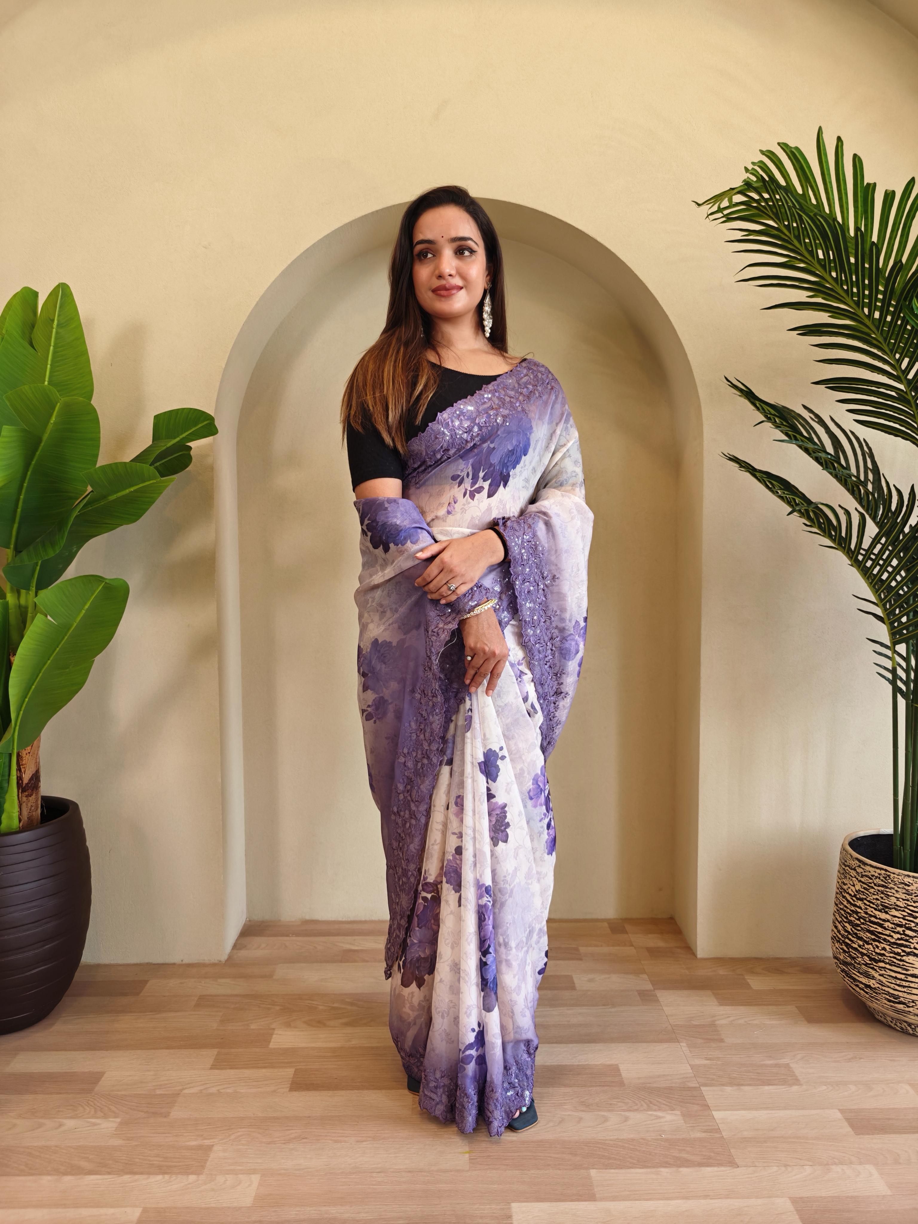 New Designer Hand Crafted Magicgold  Digital Print And Viscose - Sequins Embroideried  Organza Saree With Negative Printed Unstiched Blouse piece - Purple