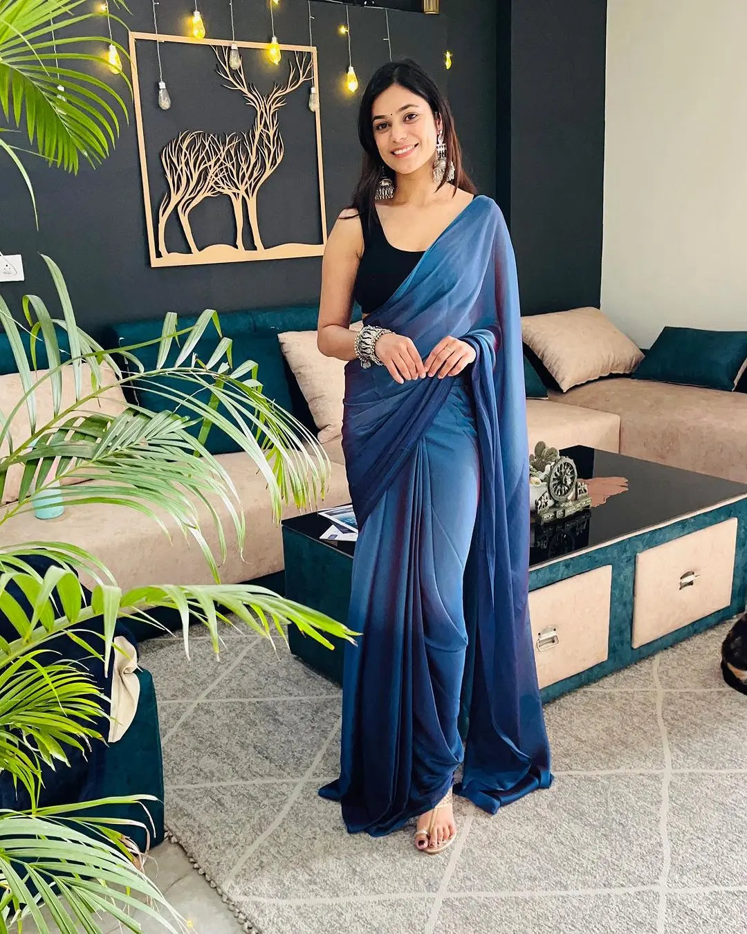 One Minute Ready to Wear New Looking Ocean blue Saree Divashree