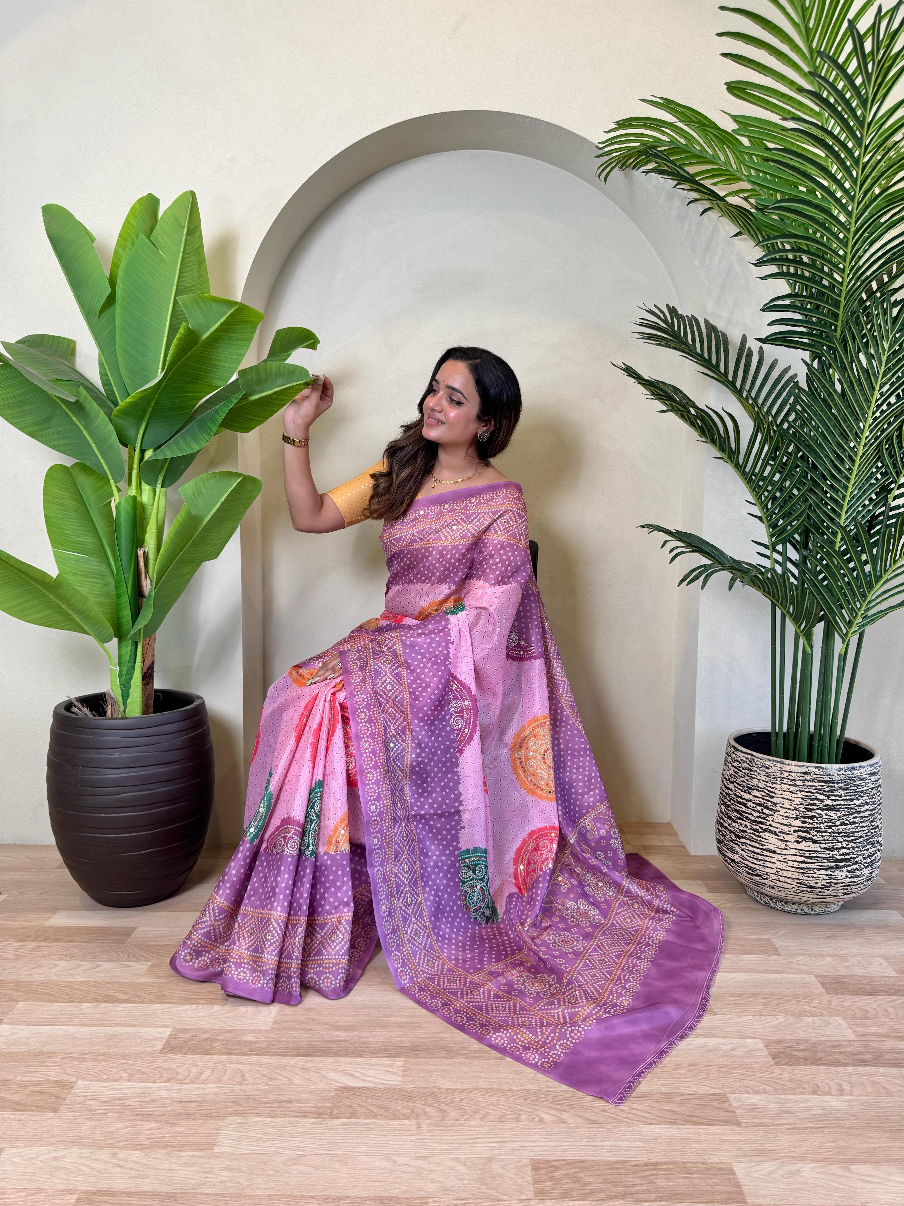 New Designer Tissue Silk Weaving Dual Purple Shade Saree With Contras Printed Embroidery Work Unstiched Blouse Piece