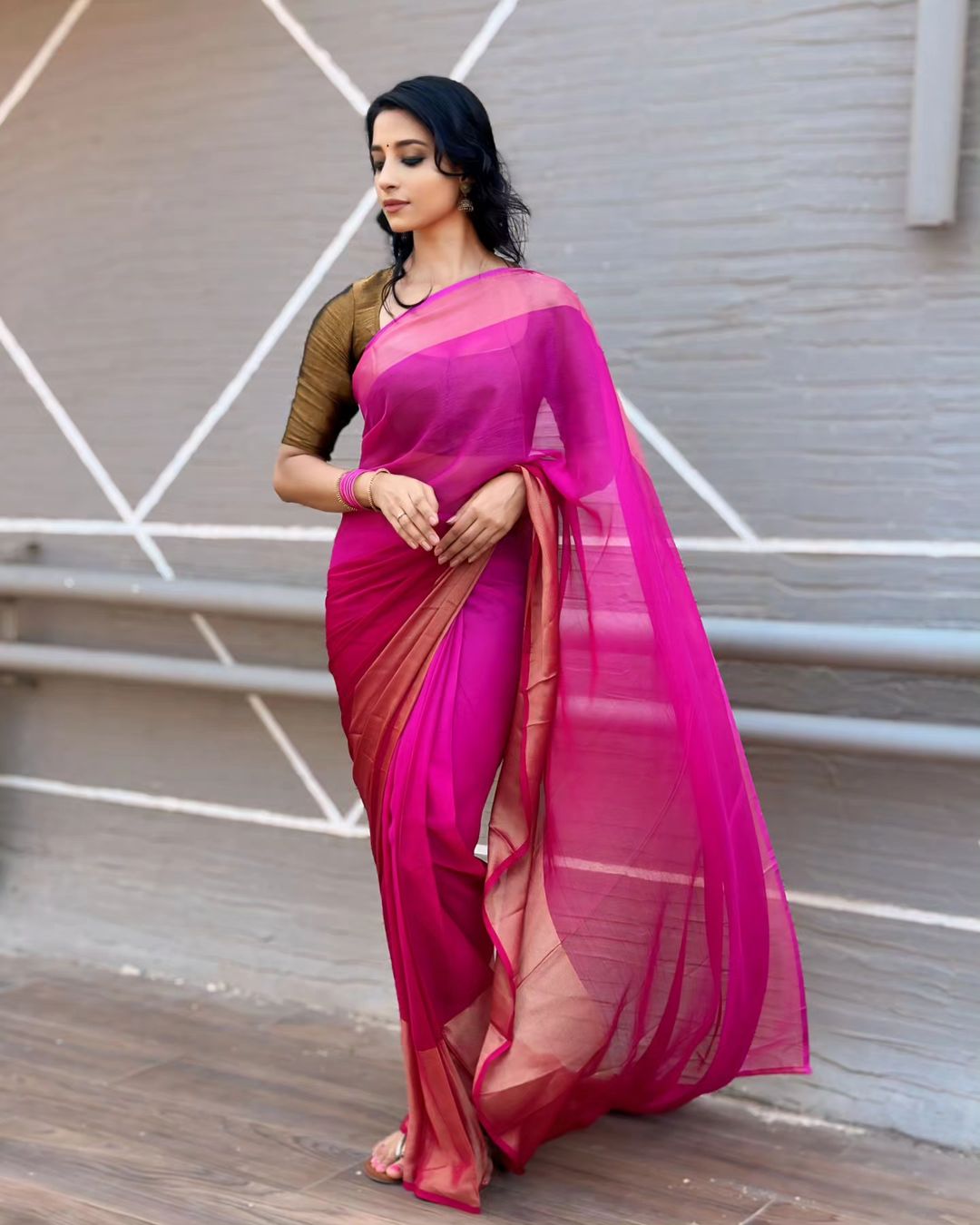 One Minute Ready To Wear Rose Gold Elegance Soft Georgette Silk Saree