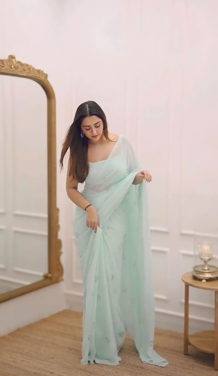 New One Minute Ready To Wear Pure Sky Blue Colour Georgette Silk Saree With Beautiful Hand Work Heart Design With Same Model Full Stiched Blouse