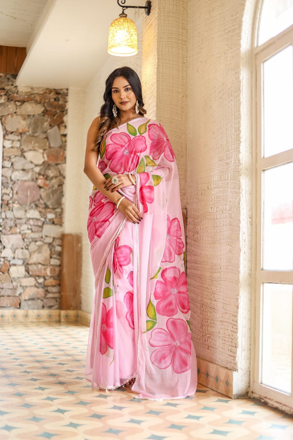 New One Minute Ready To Wear Pure Soft Georgette Silk Pink Flower Designed Saree With Same Model  Unstiched Blouse Piece