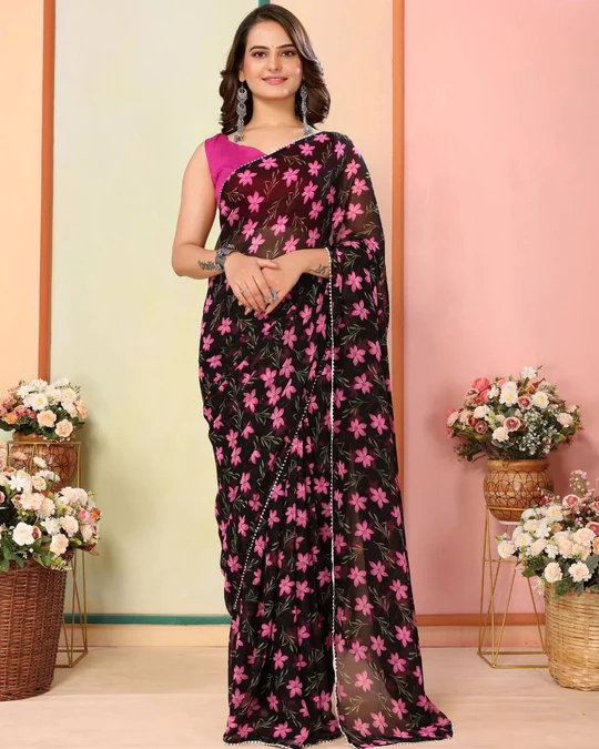 One Minute Ready To Wear Raven Rose Flower Saree