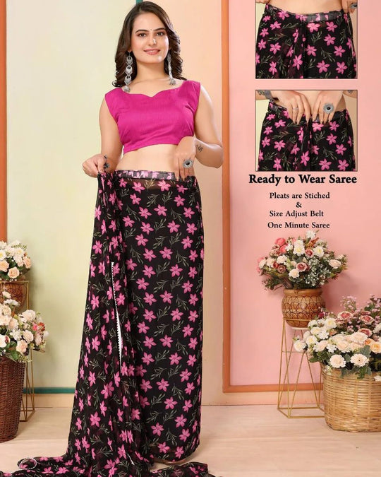 One Minute Ready To Wear Raven Rose Flower Saree