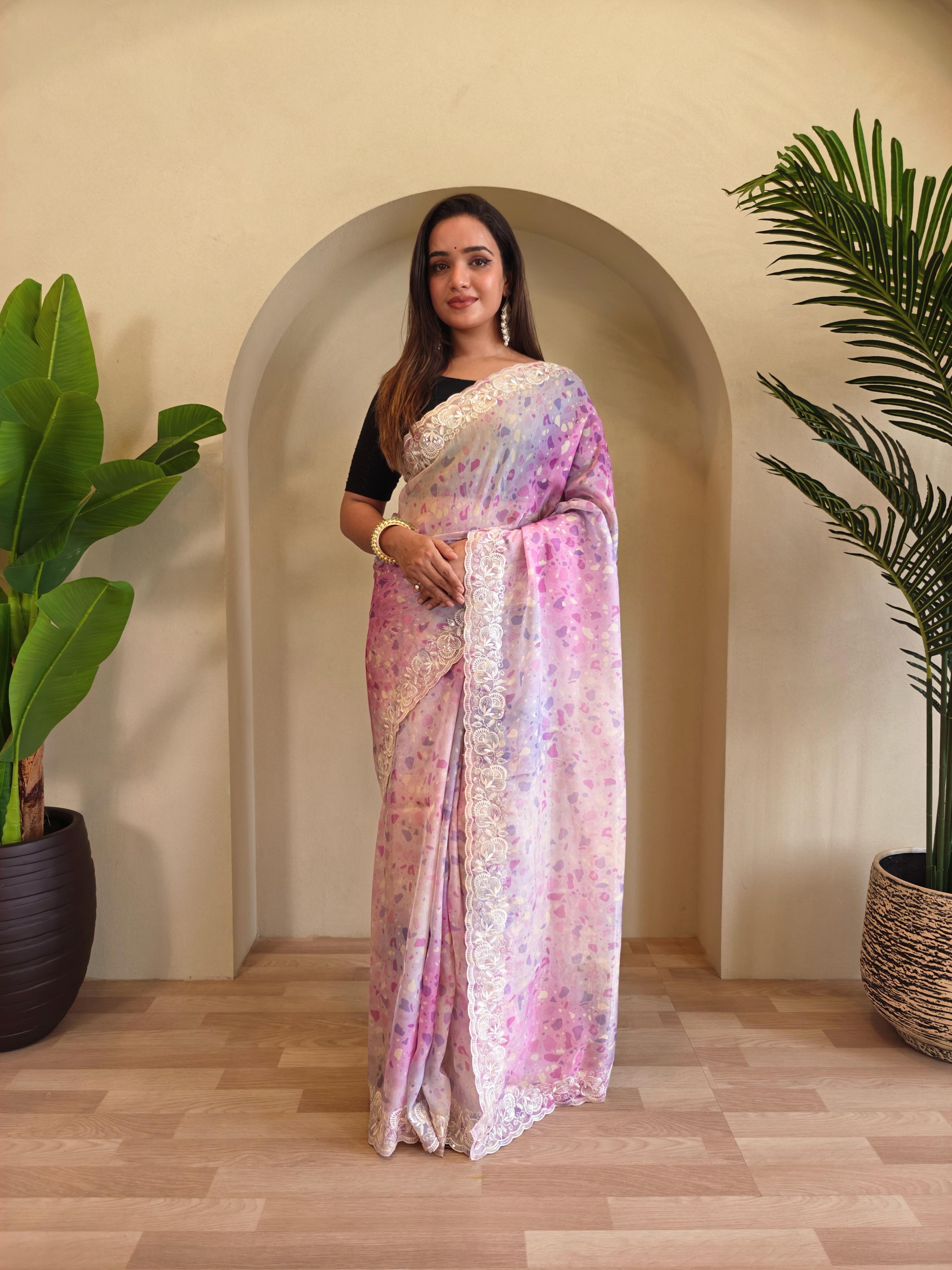 New Designer Hand Crafted Magicgold  Digital Print And Viscose - Sequins Embroideried  Organza Saree With Negative Printed Unstiched Blouse piece - Pink - Purple