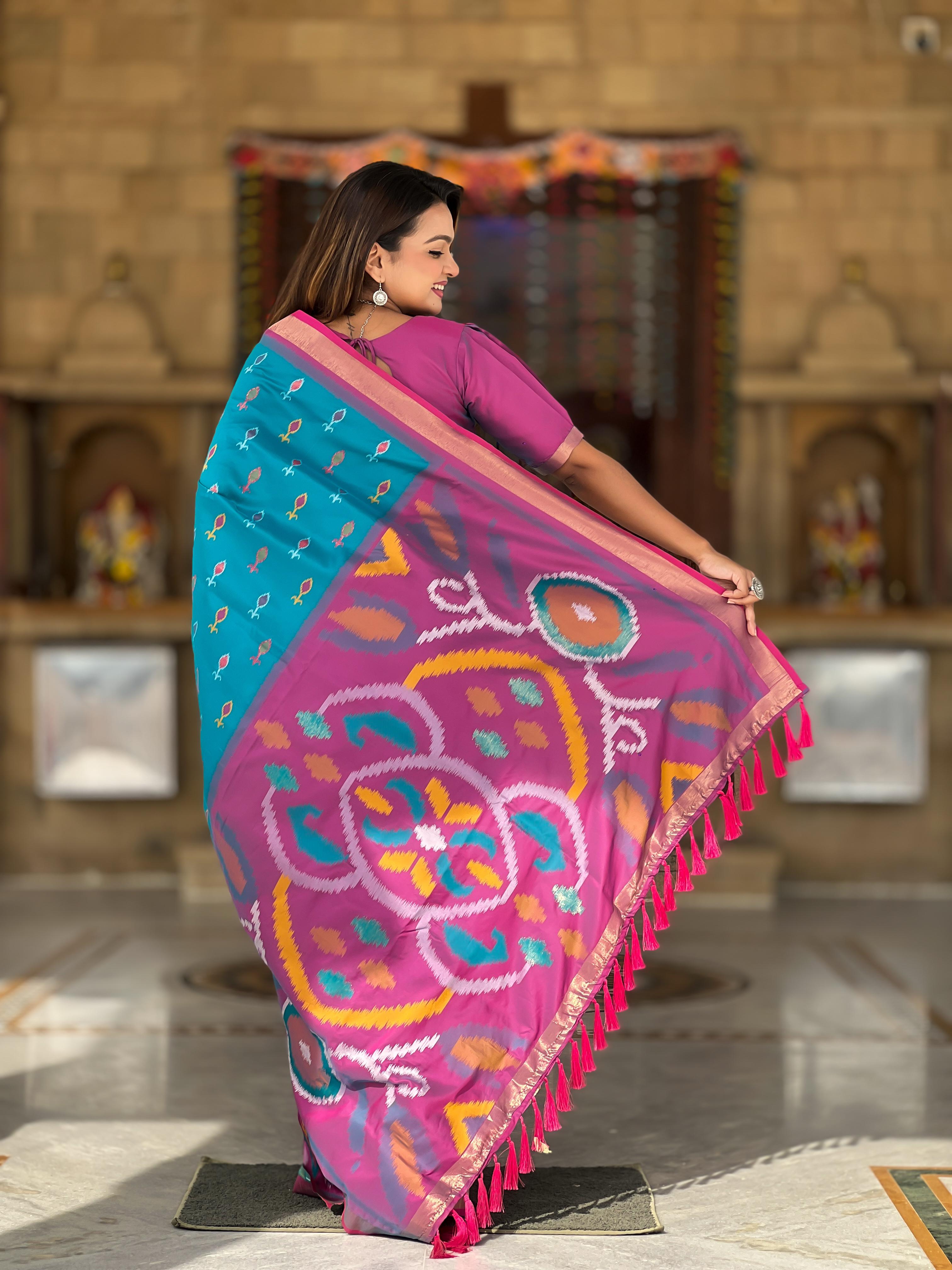 New Designer Ikkat And Patola Weaving Concept Sky Blue Silk Saree With Contrast Rich Pallu And Unstiched Blouse Piece