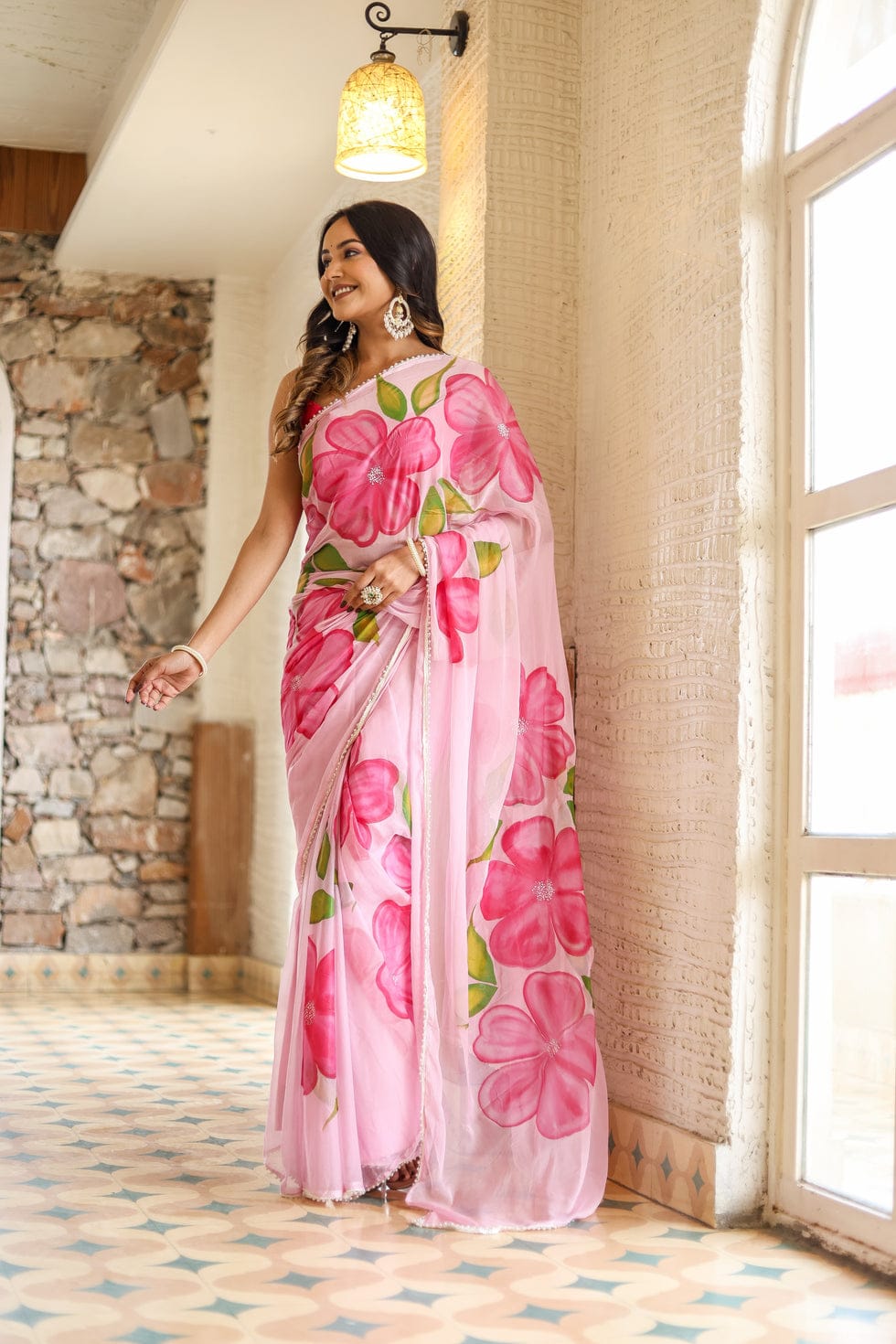 New One Minute Ready To Wear Pure Soft Georgette Silk Pink Flower Designed Saree With Same Model  Unstiched Blouse Piece