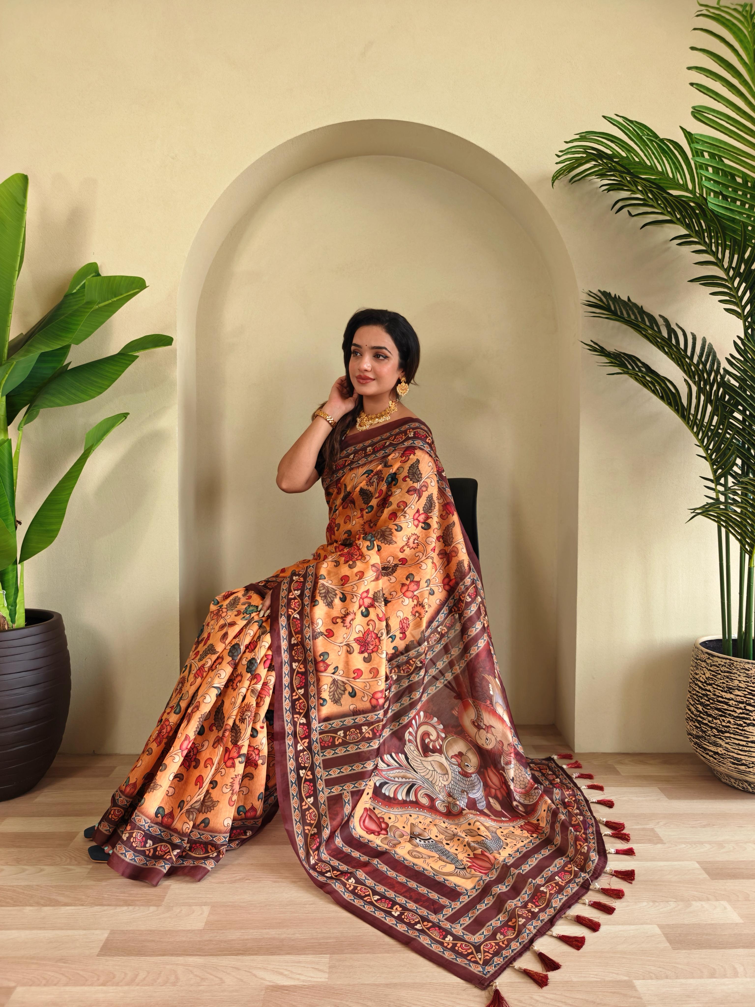 New Designer Pure Malai Cotton Saree With Elephant  Kalamkari Pattern Along With Contras Big Pallu With Tussels - Yellow