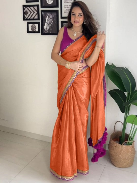 New designer Pure Errode Silk Orange Saree With Beautiful Embroidery Lace Border With Same Modeling Embroidery Sequence Lace Border Blouse Piece
