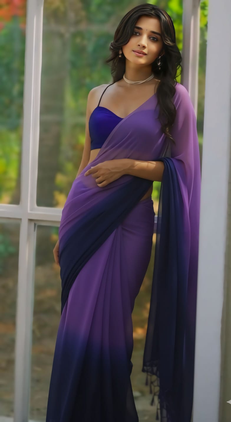 New Beautiful Purple and Navy Blue Ombre Georgette delicate Saree with unstitch Blouse