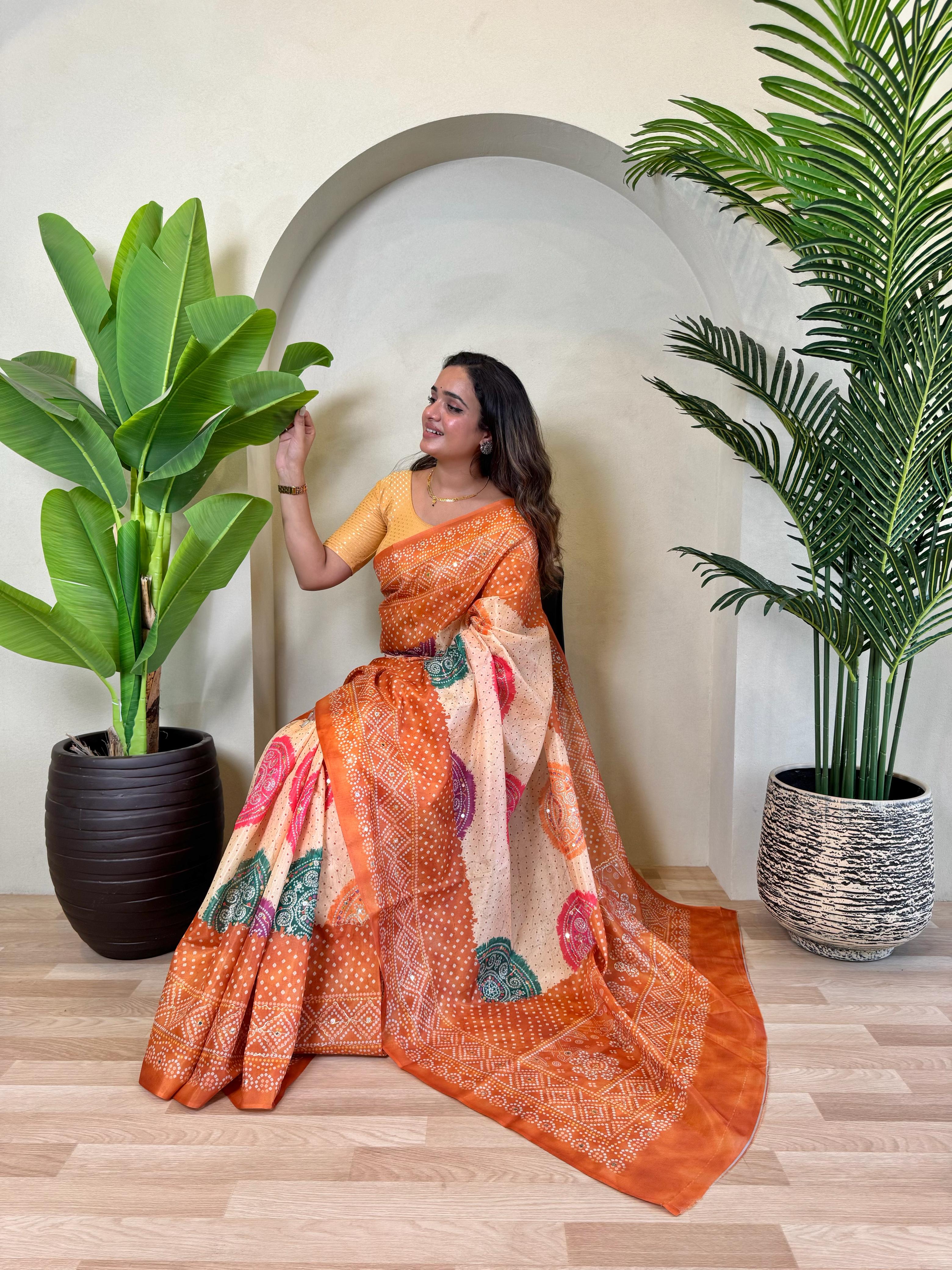 New Designer Tissue Silk Weaving Dual Orange Shade Saree With Contras Printed Embroidery Work Unstiched Blouse Piece