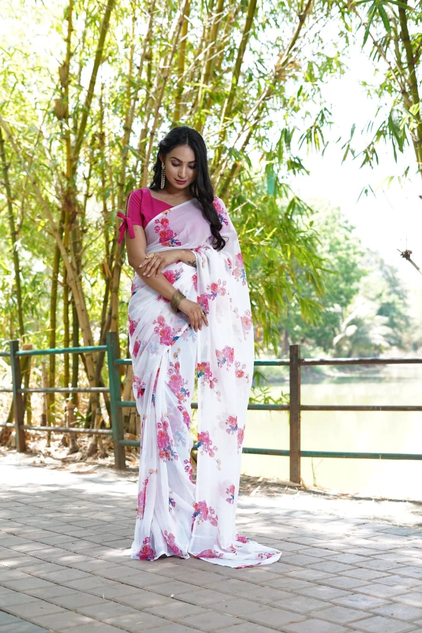 New One Minute Ready To Wear  White And Pink Colour Flowers Design Pure Soft Georgette Saree With Pink Unstitched Blouse