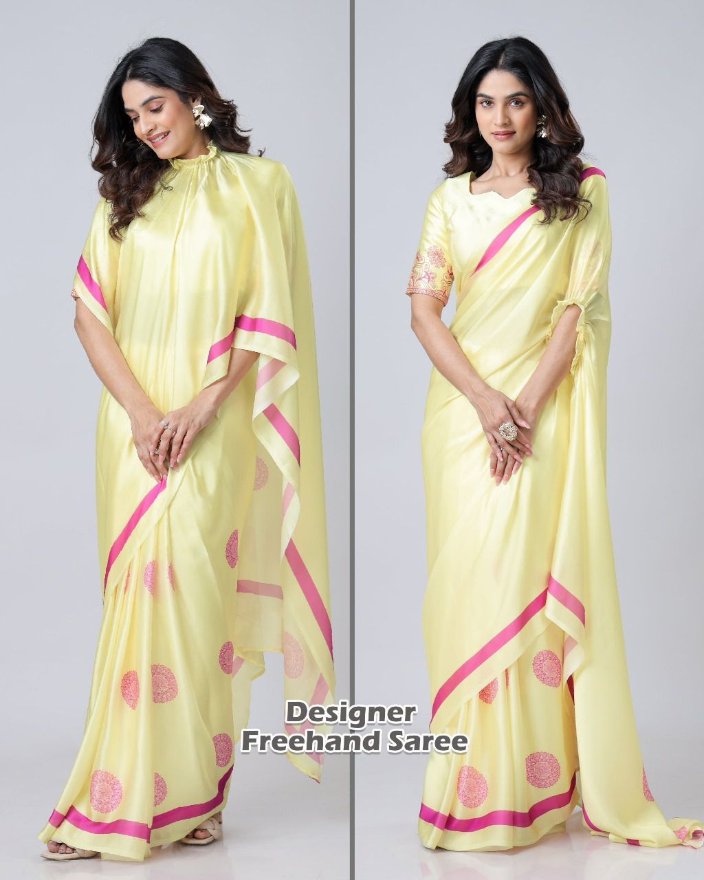 New One Minute Ready To Wear  Heavy Crepe Silk  Free Hand Saree With Beautiful Digital Printed With Running Crepe Silk Unstiched Blouse Piece - Lemon Yellow