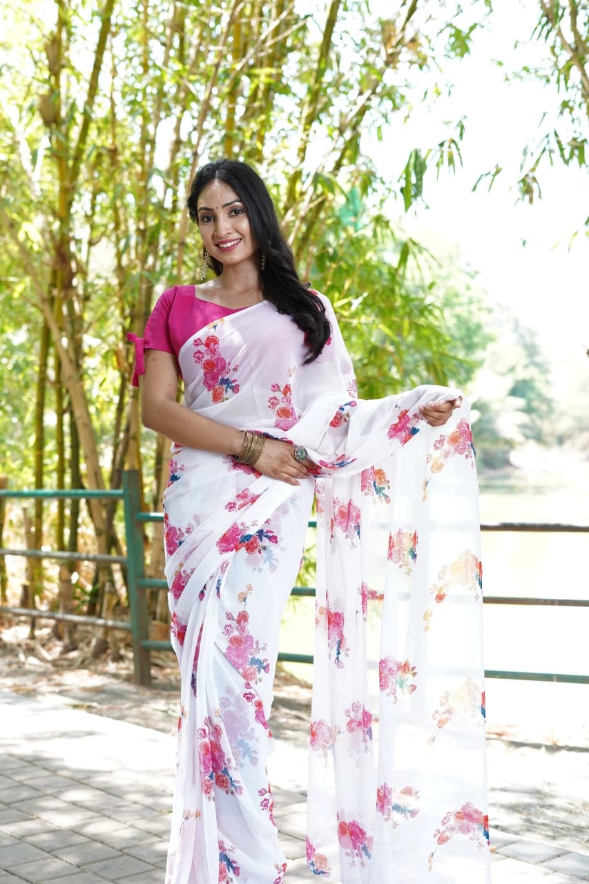 New One Minute Ready To Wear  White And Pink Colour Flowers Design Pure Soft Georgette Saree With Pink Unstitched Blouse