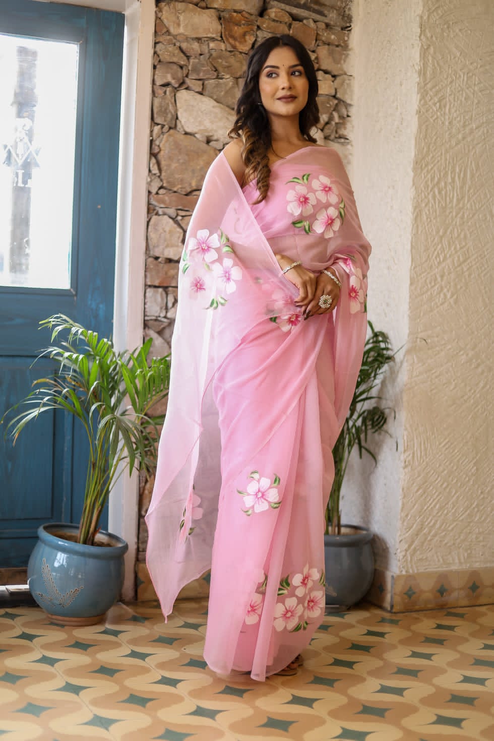 New One Minute Ready To Wear Pink Colour Pure Soft Georgette Multi Colour Flowered Design Saree With Pink Unstitched Blouse