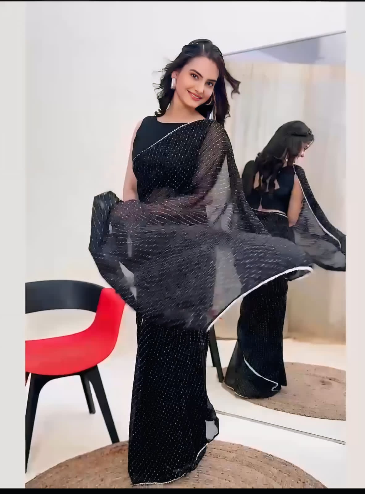 New One Minute Ready To Wear Black Colour Laheriya Bandhani Design Pure Soft Georgette Saree With Black Unstitched Blouse