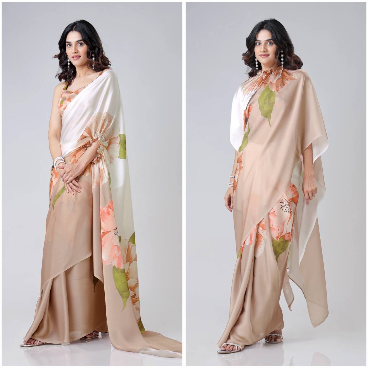 New One Minute Ready To Wear  Heavy Crepe Silk  Free Hand Saree With  Digital Print With Running Crepe Silk Unstiched Blouse Piece -  Brown