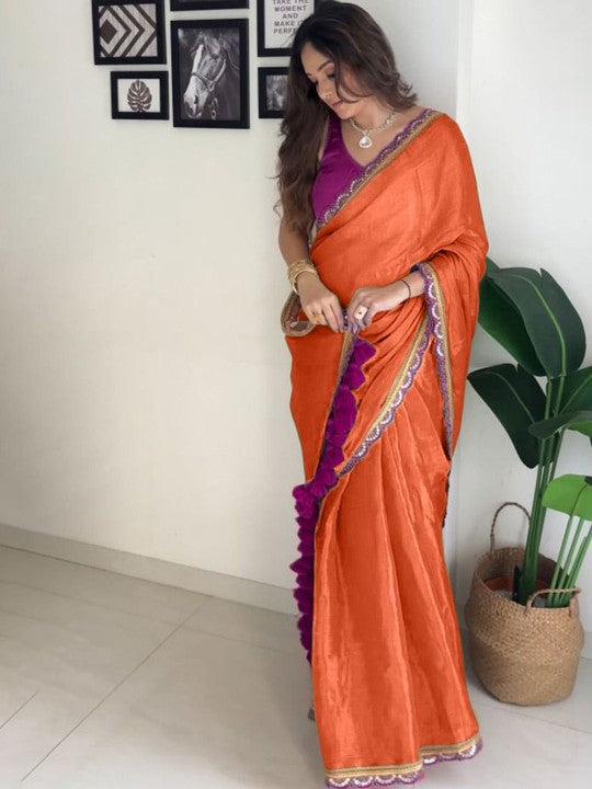 New designer Pure Errode Silk Orange Saree With Beautiful Embroidery Lace Border With Same Modeling Embroidery Sequence Lace Border Blouse Piece