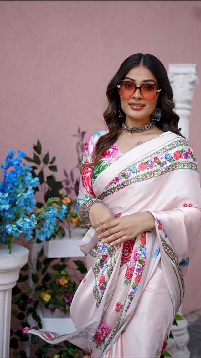 New Designer Original Japan Satin Devsena Saree With Digital Printed Flower Design With Digital Printed Unstiched Blouse Piece