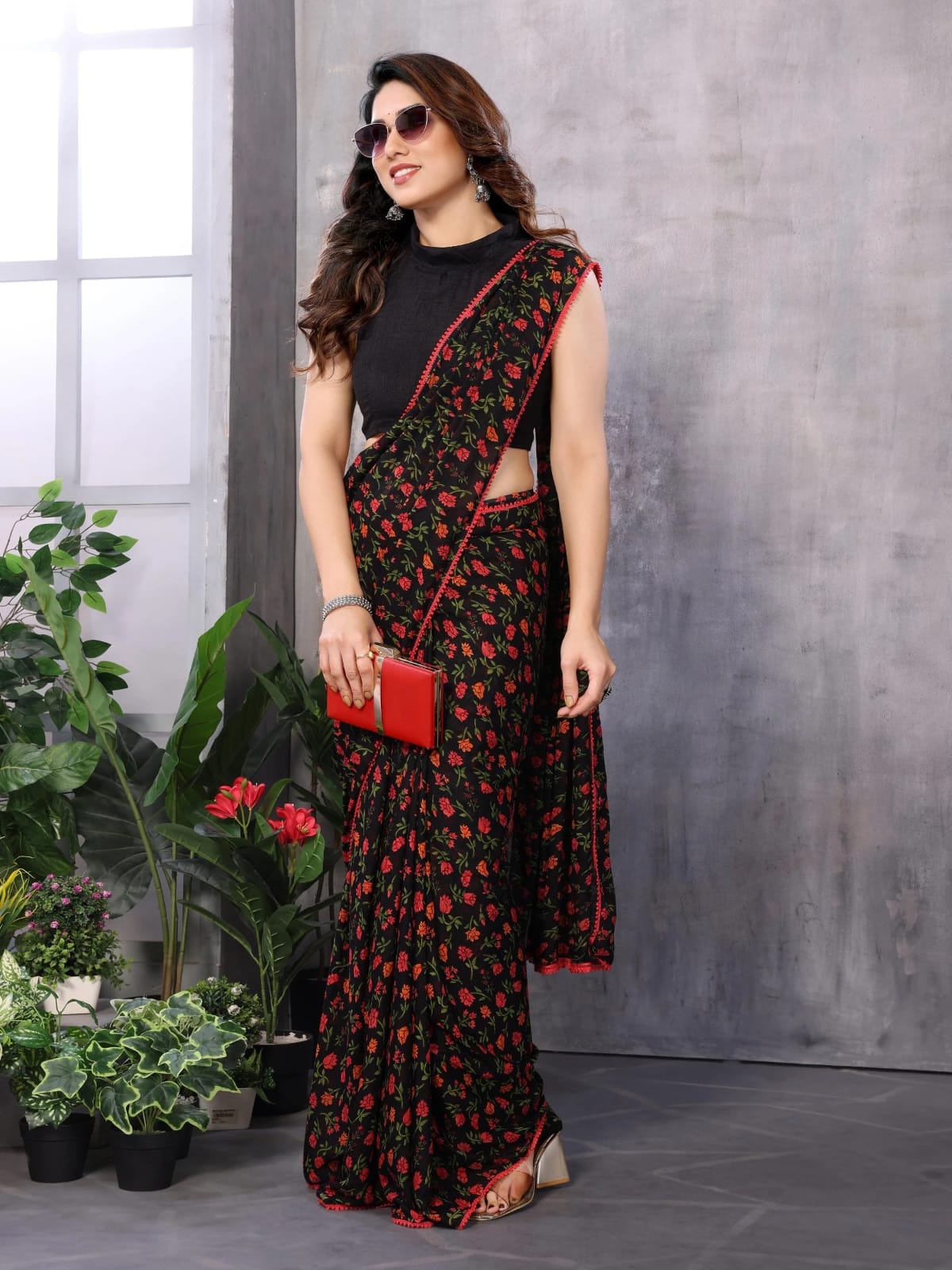 New One Minute Ready To Wear Multi Colour Flower Design Pure Soft Georgette Silk Saree With Black Colour Unstitched Bouse Piece