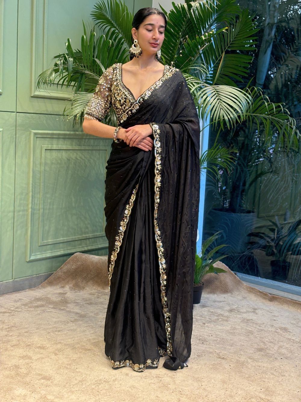 New Designer Soft Rangoli Silk Black Saree With Beautiful Embroidery Work Lace Border along With Sequines Embroider Worked Unstiched Blouse Piece