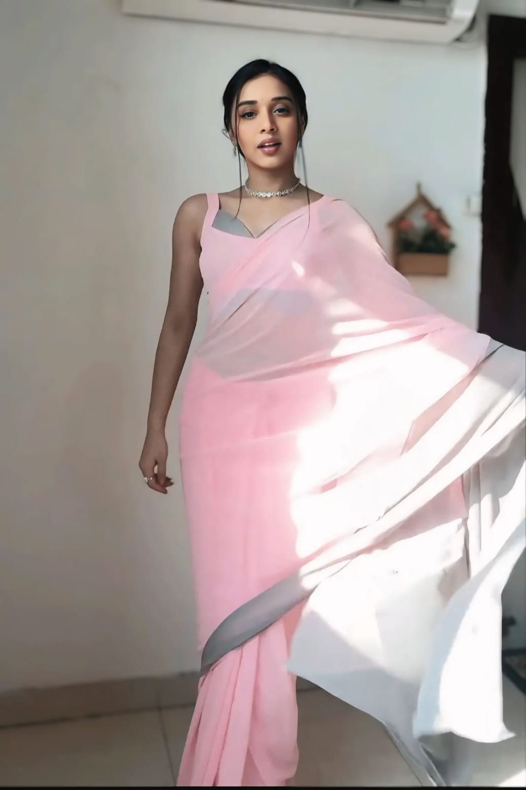 New One Minute Ready To Wear Pink And Grey Pure Soft Georgette Silk Saree With Same Colour Unstiched Blouse Piece