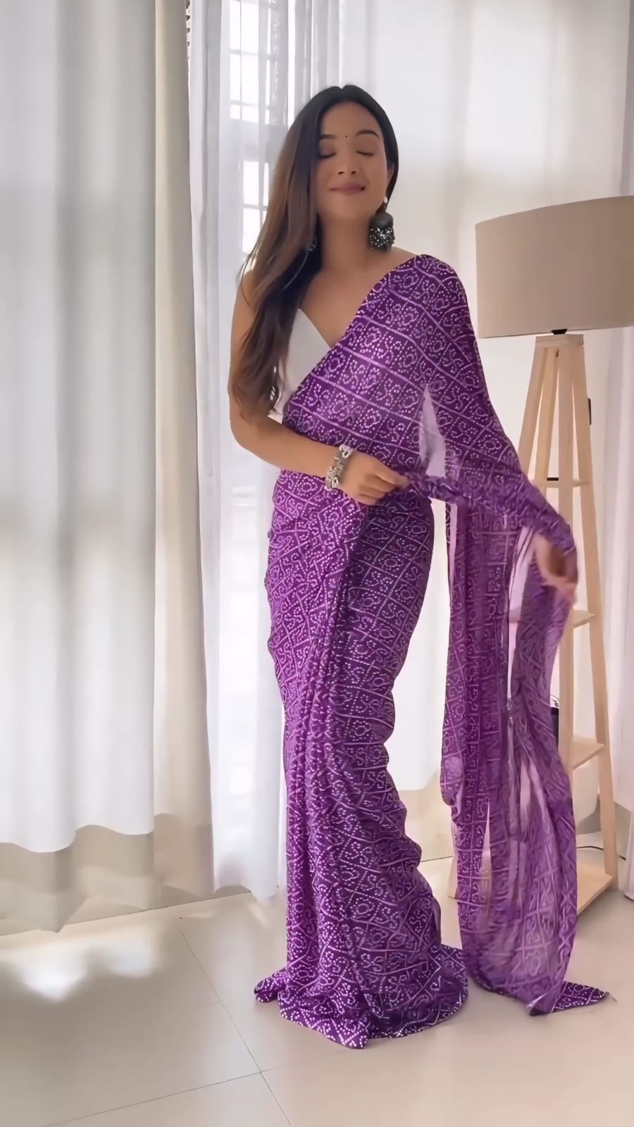 New One Minute Ready To Wear Pure Soft Georgette Silk Bandhani Designed Purple Saree With Same Model  Unstiched Blouse Piece