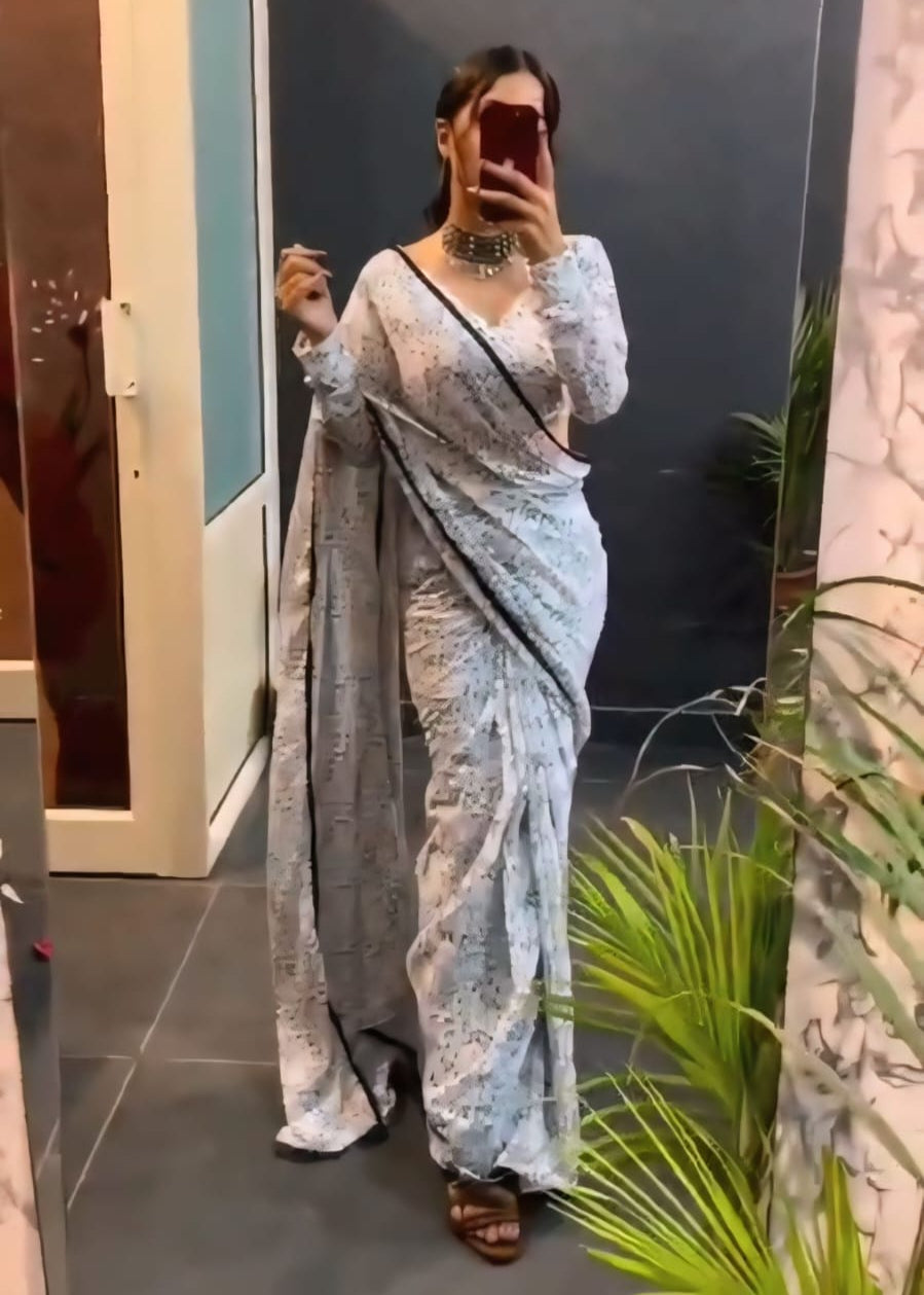 New One Minute Ready To Wear White Pure Soft Georgette Saree With White Unstitched Blouse